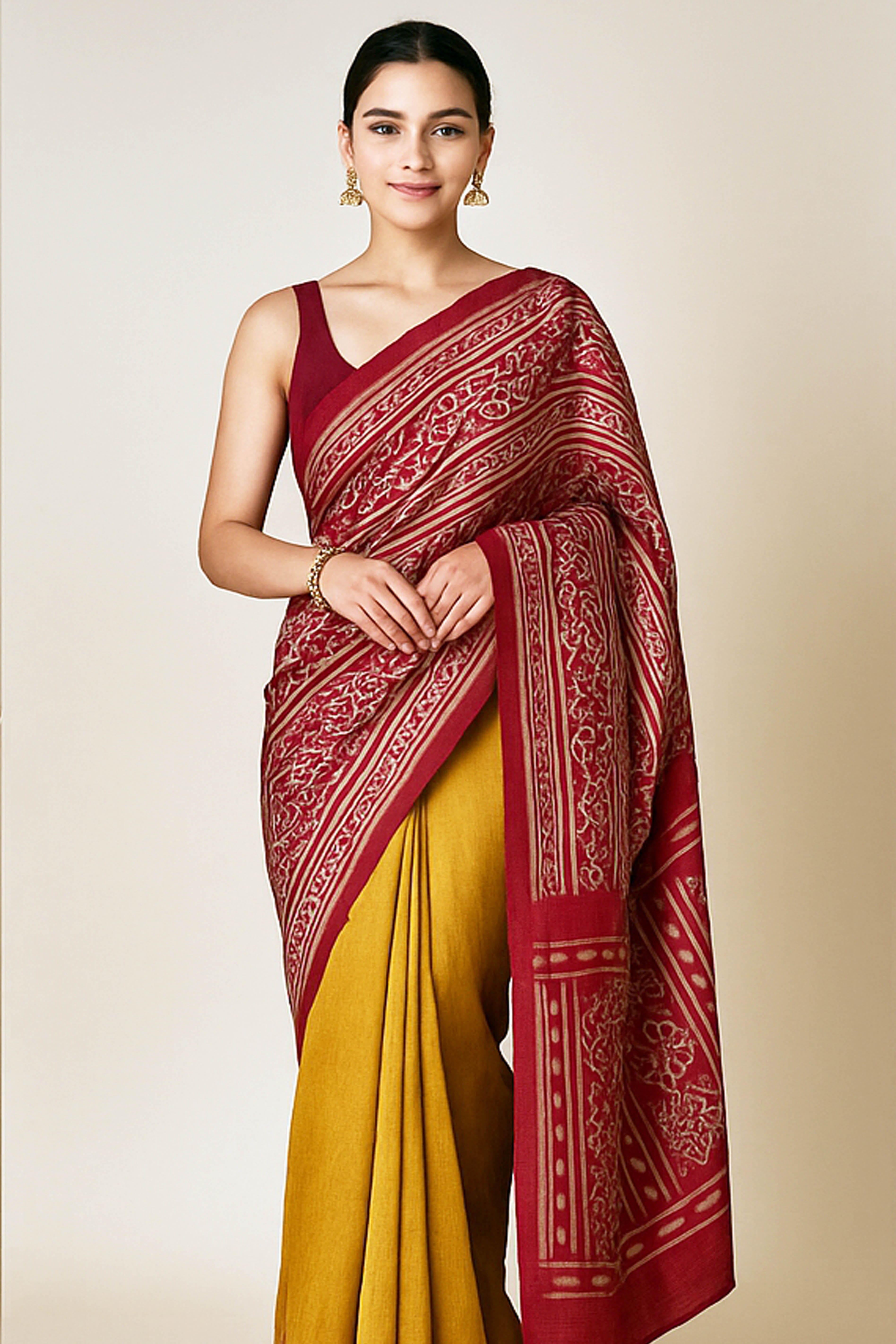 Uttara Pure Ghicha Tussar Silk Saree in Ikkat Design Golden Yellow & Red - Indian Handloomz
