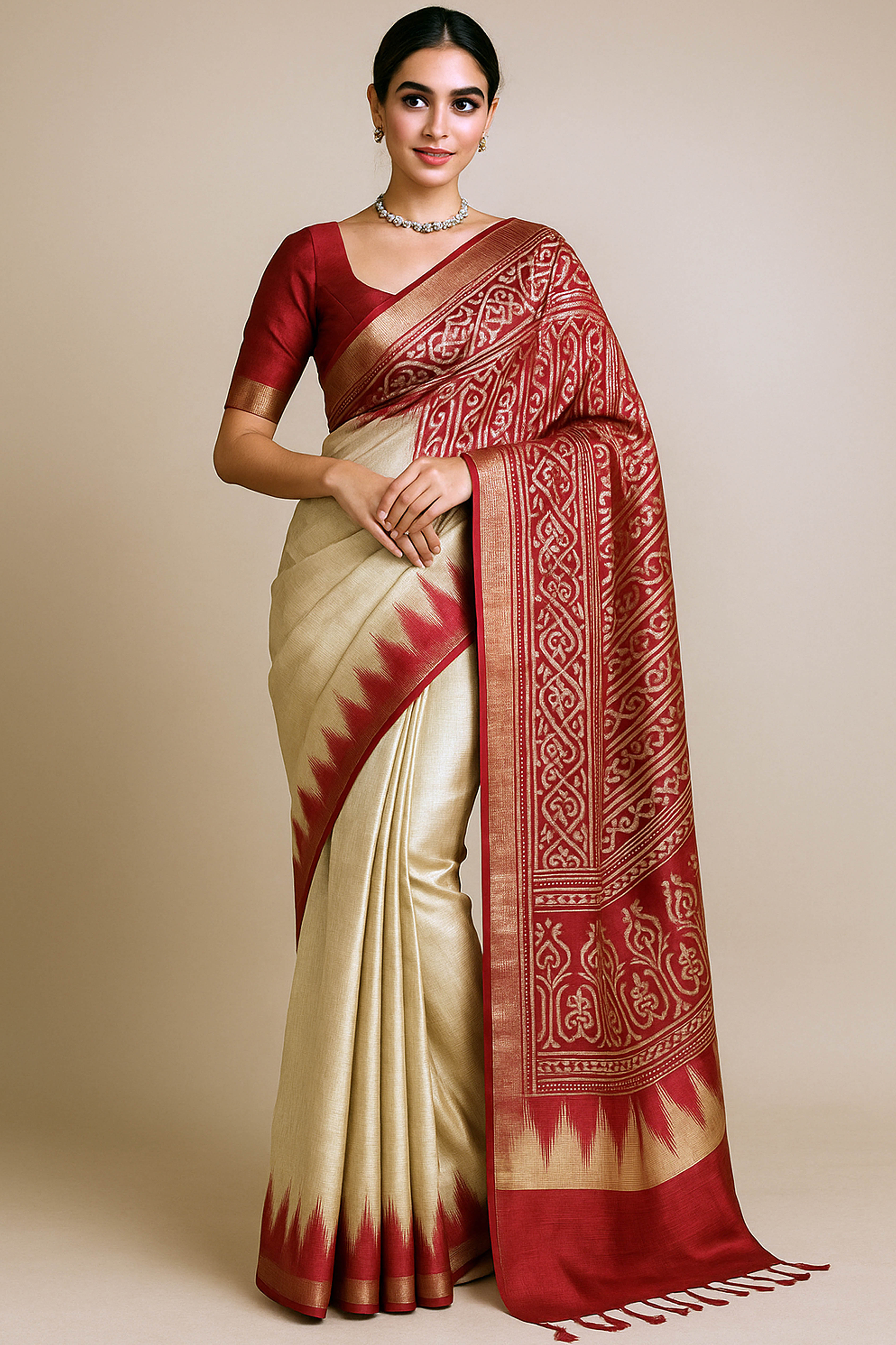 Vansi Pure Ghicha Tussar Silk Saree in Ikkat Design Beige & Red - Indian Handloomz