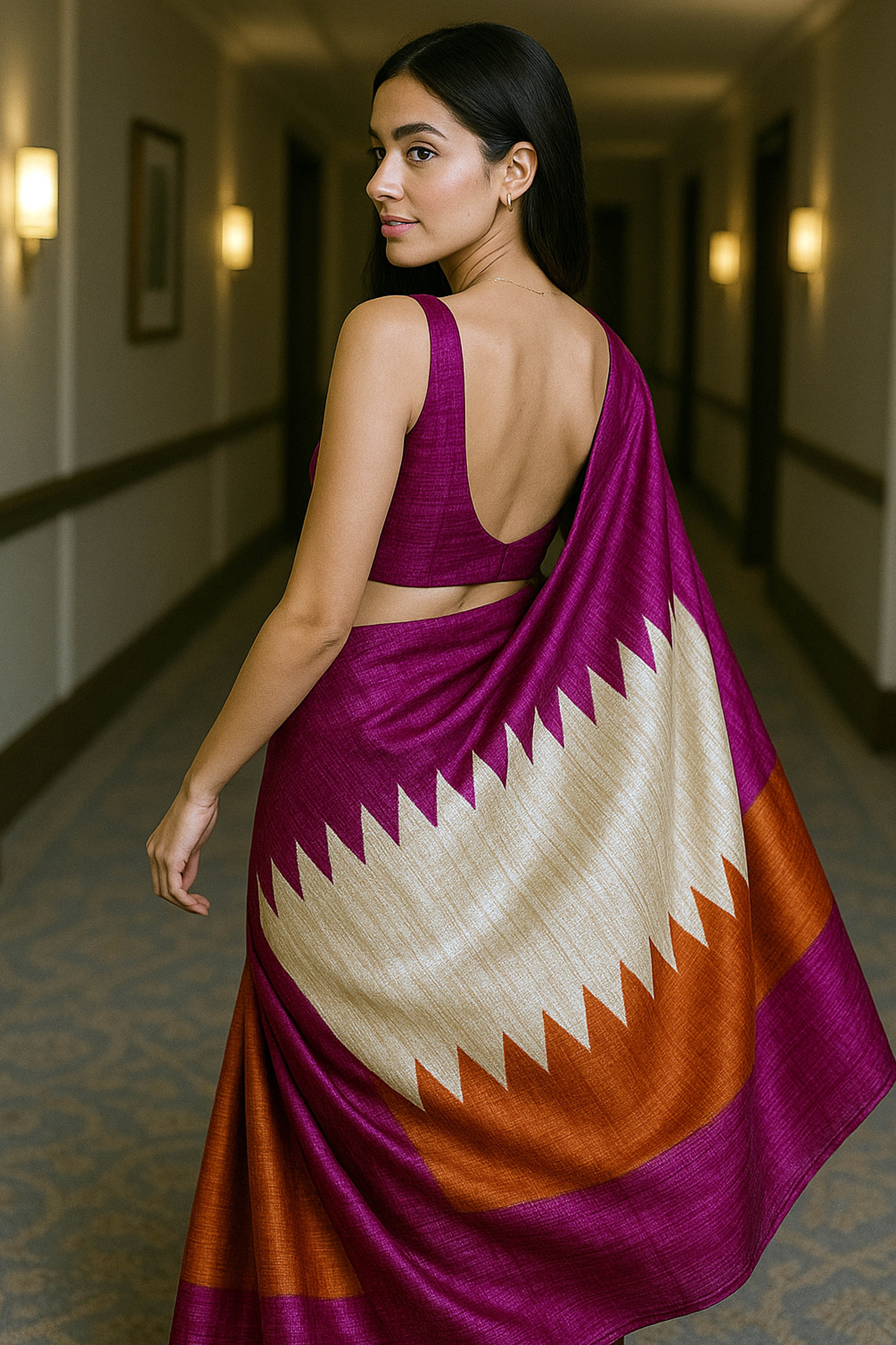 Navika Pure Ghicha Tussar Silk Saree in Screen Printing Beige, Orange & Pink Colour - Indian Handloomz