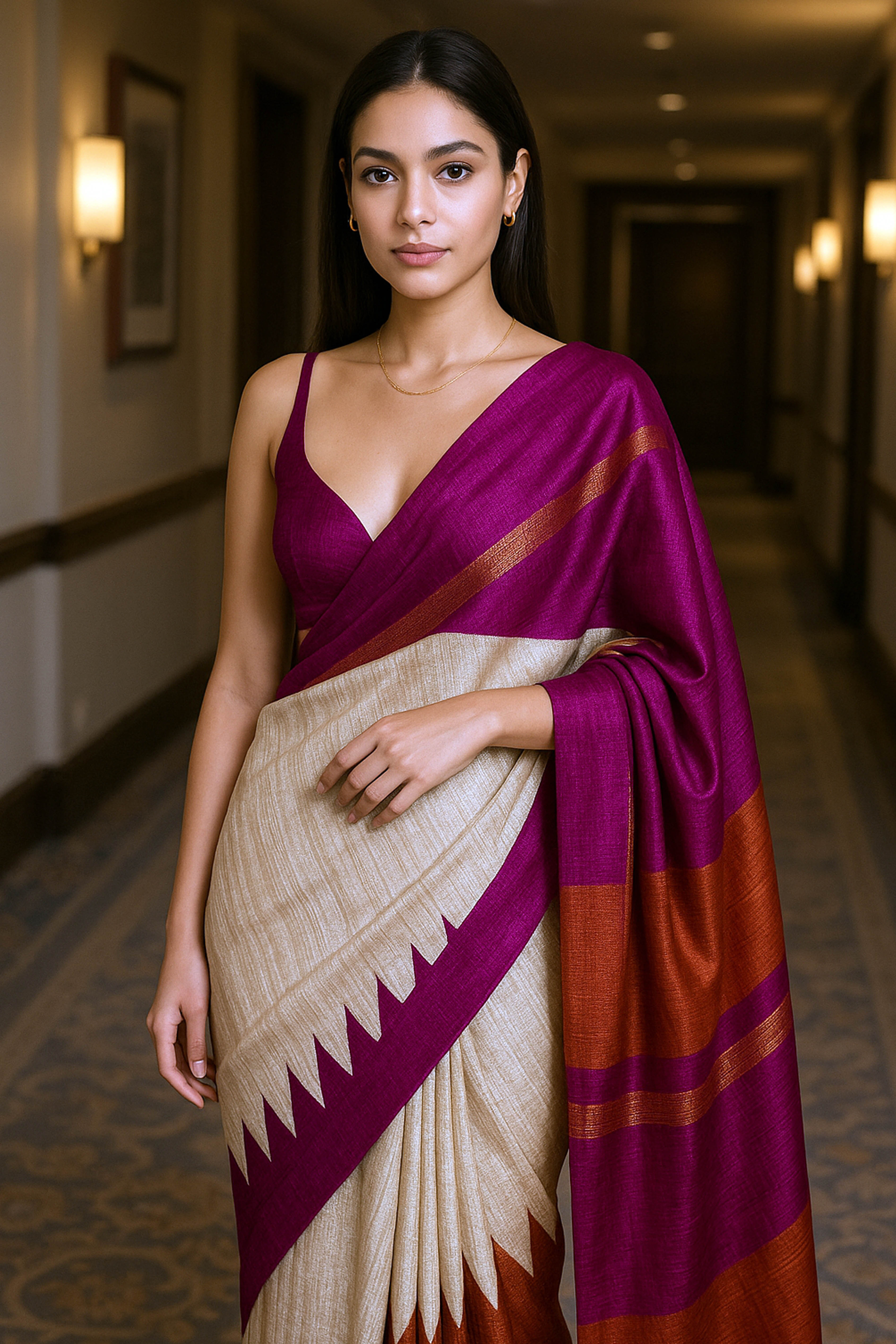 Navika Pure Ghicha Tussar Silk Saree in Screen Printing Beige, Orange & Pink Colour - Indian Handloomz