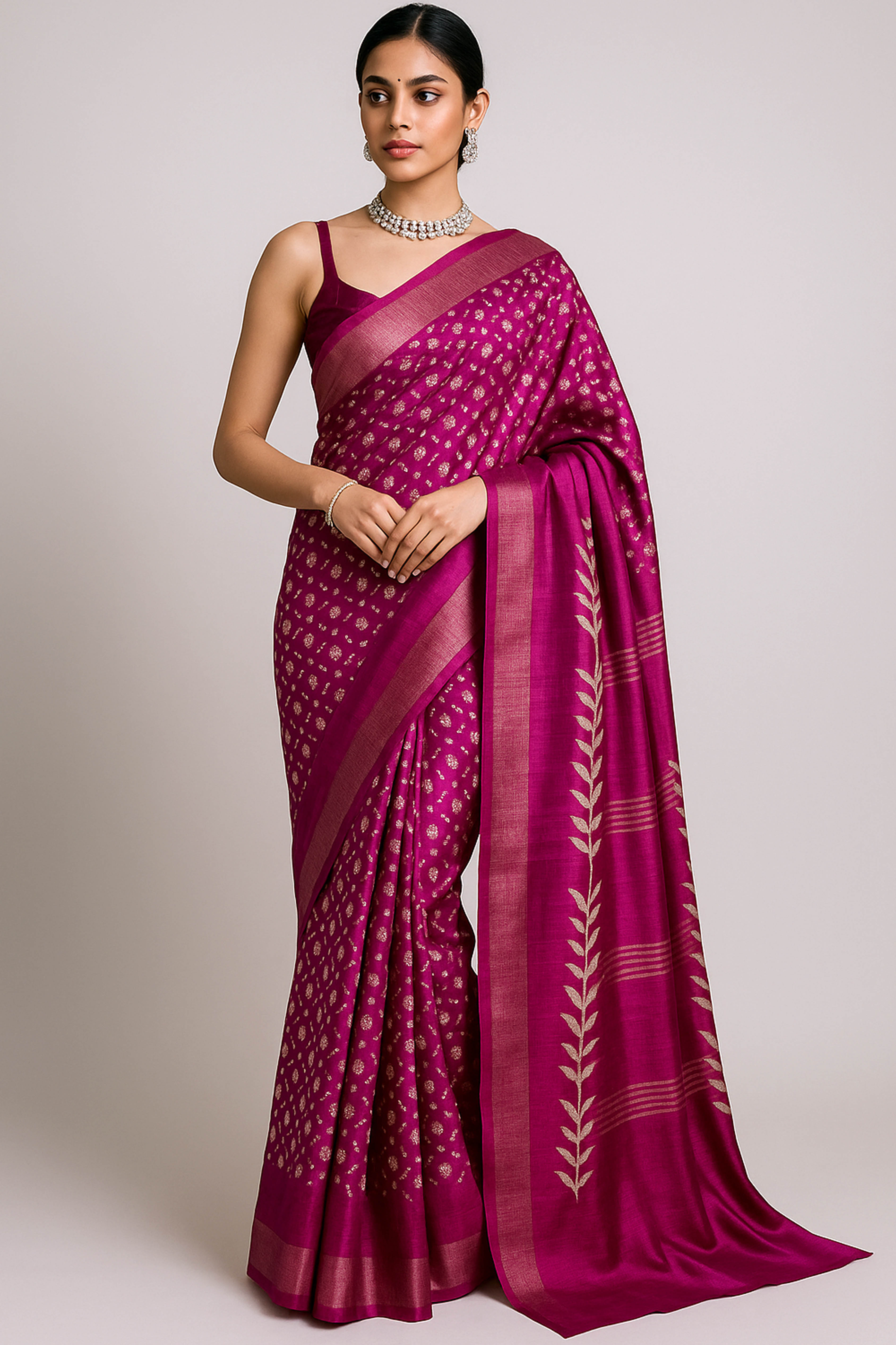 Ketaki Pure Ghicha Tussar Silk Saree in Screen Printing Beige & Pink Colour - Indian Handloomz