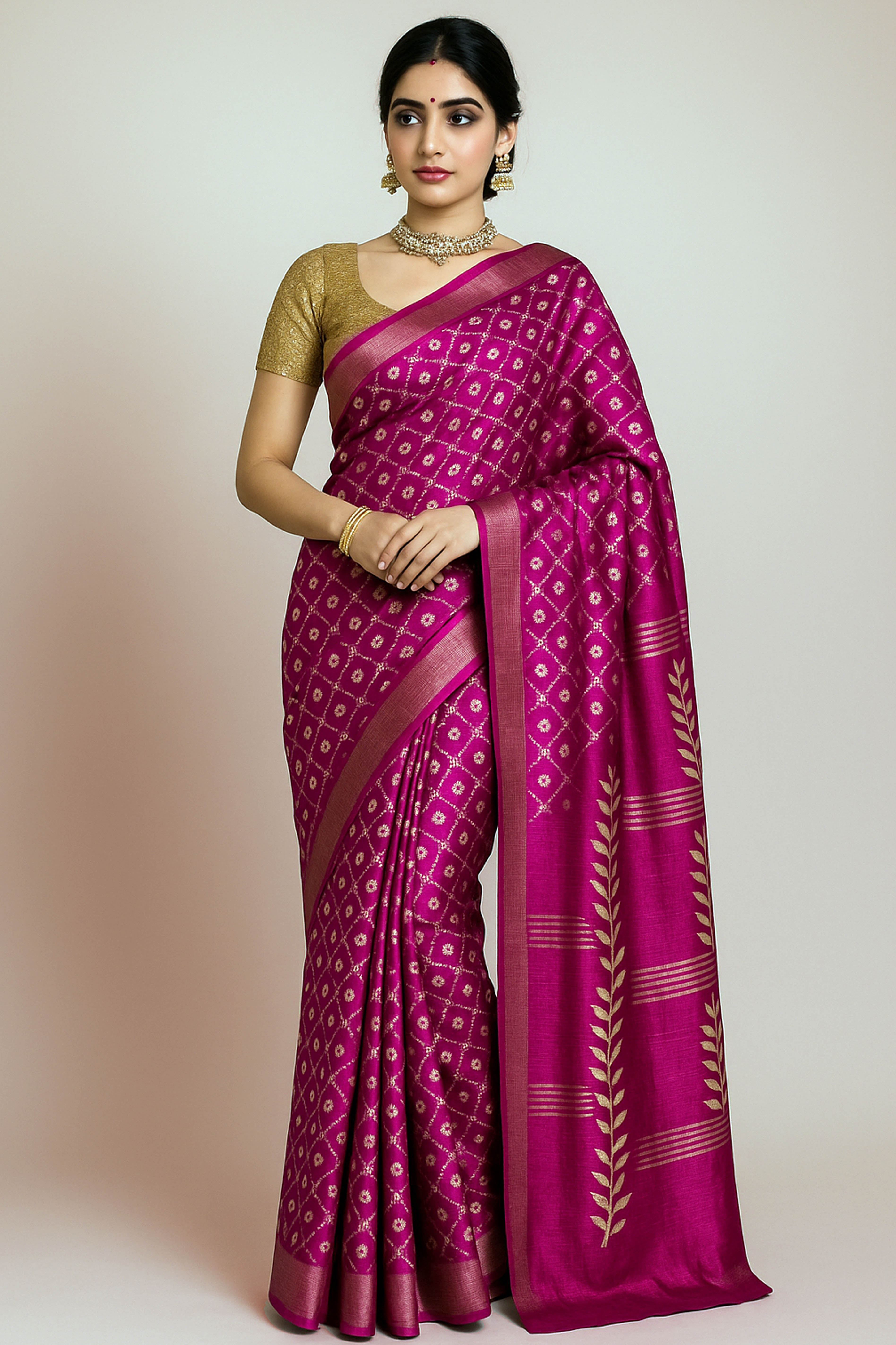 Ketaki Pure Ghicha Tussar Silk Saree in Screen Printing Beige & Pink Colour - Indian Handloomz