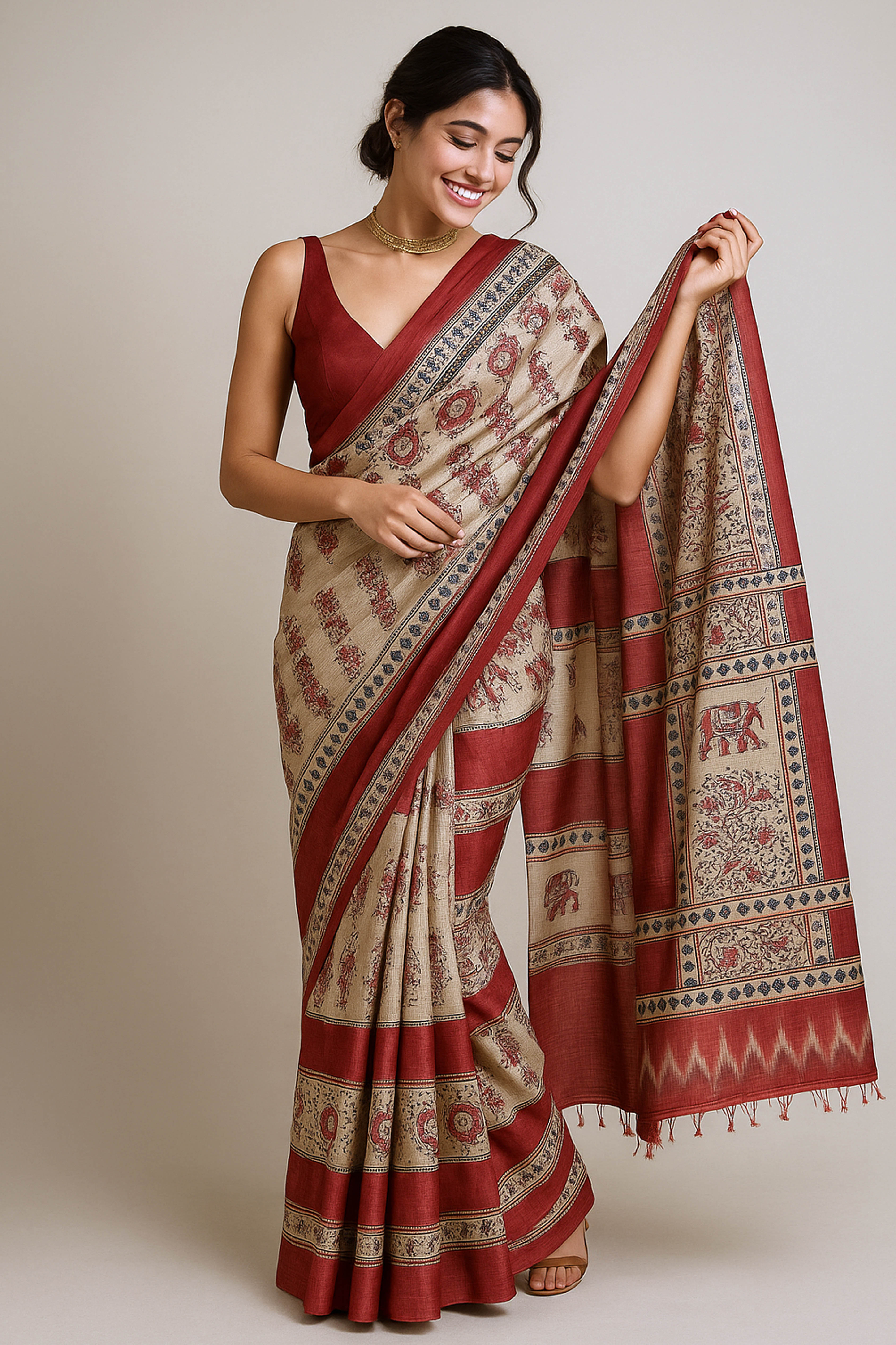 Gahana Pure Ghicha Tussar Silk Saree in Screen Printing Beige, Orange & Black - Indian Handloomz