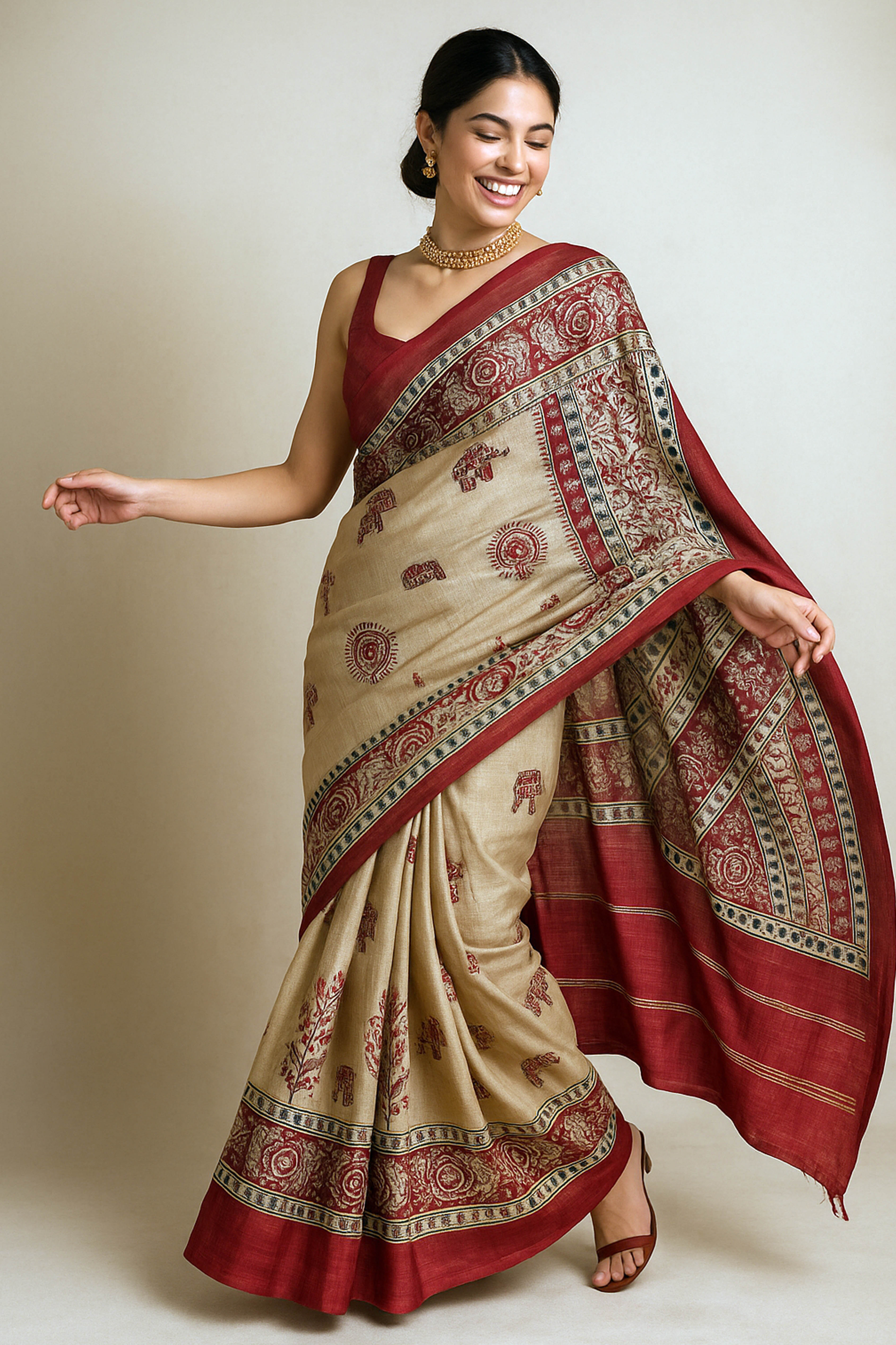 Gahana Pure Ghicha Tussar Silk Saree in Screen Printing Beige, Orange & Black - Indian Handloomz