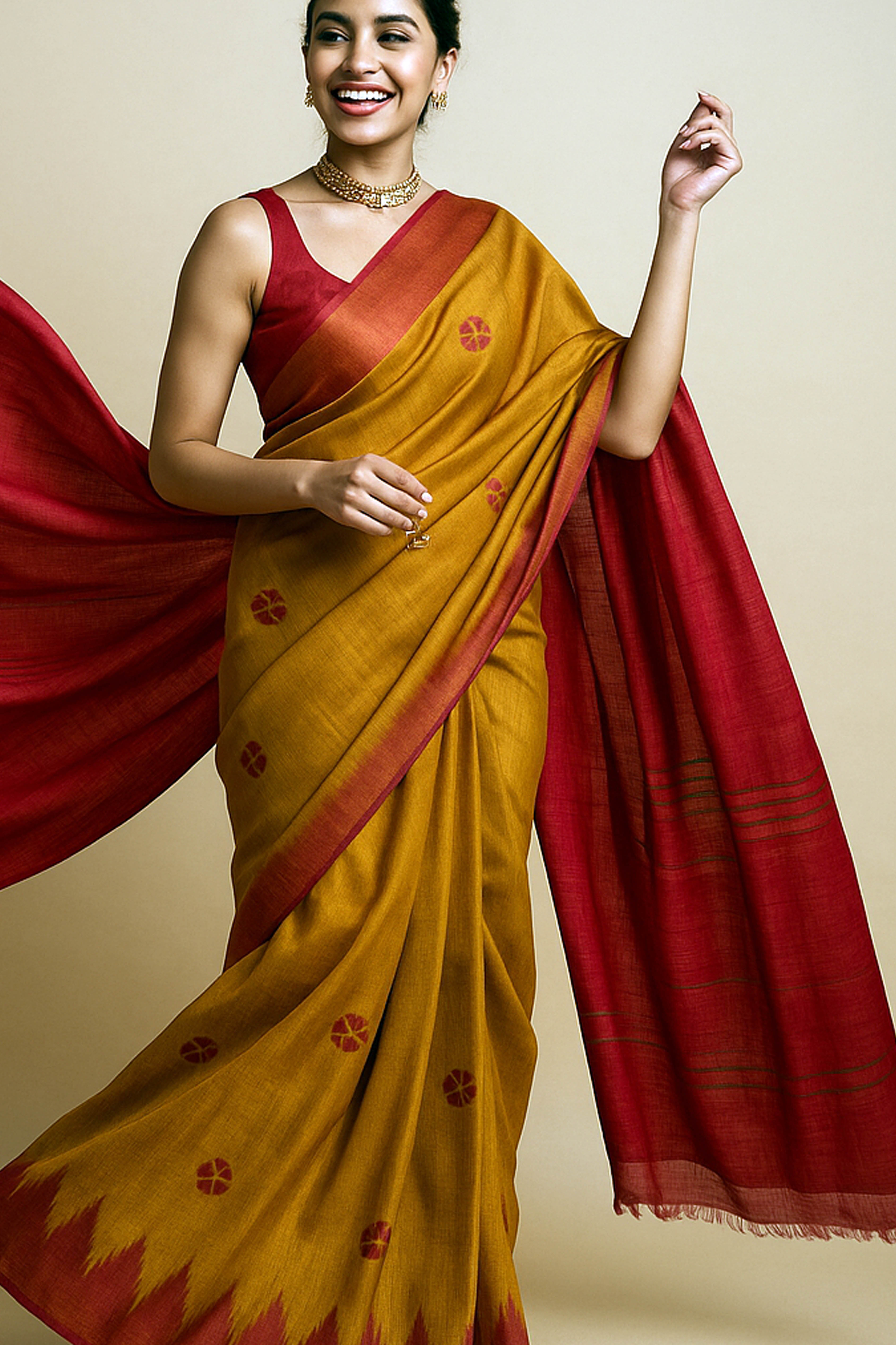 Vandana Pure Ghicha Tussar Silk Saree in Screen Printing Light & Dark Orange with Golden Lines - Indian Handloomz