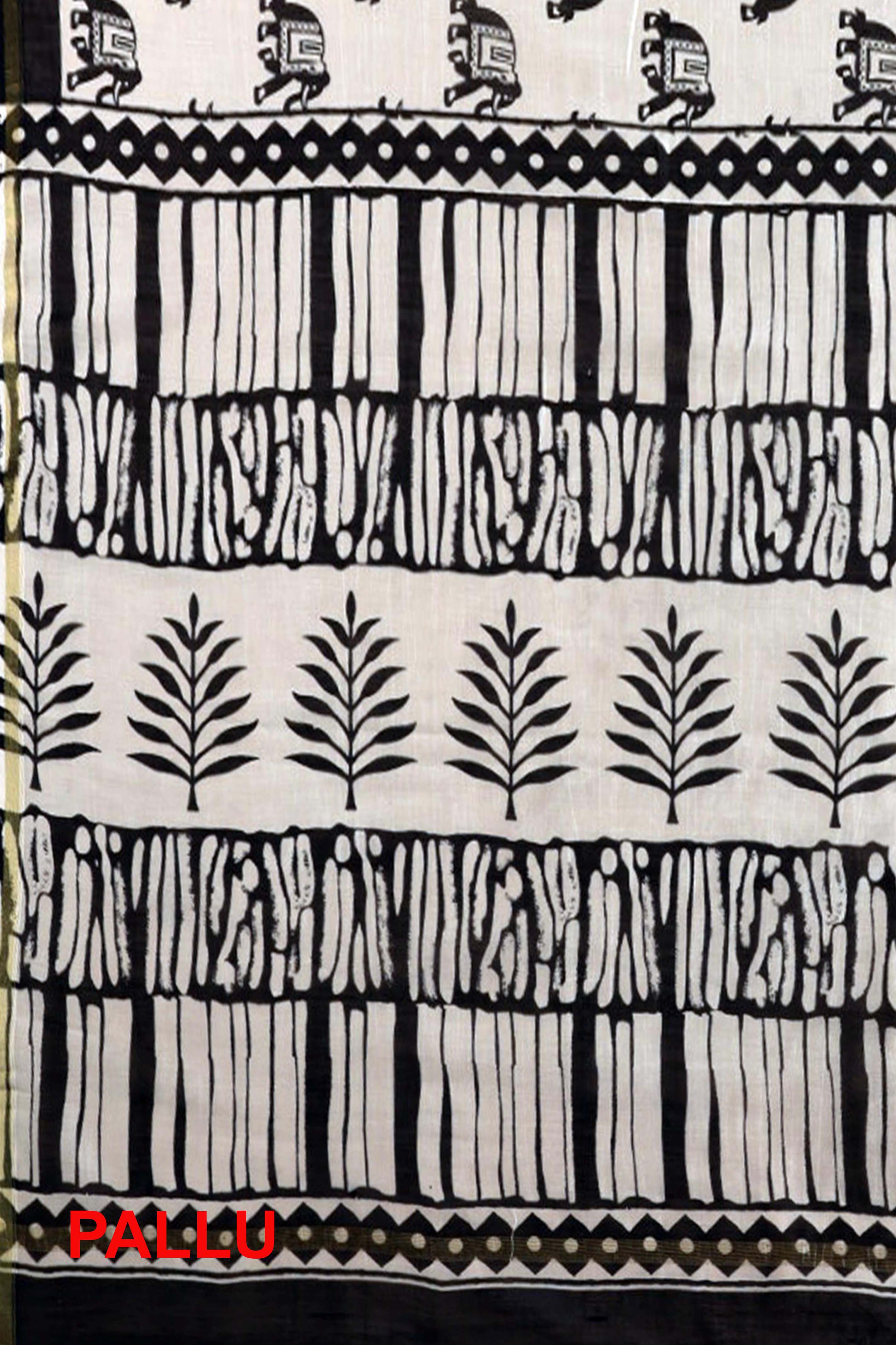 Vedika Handblock Printed Chanderi Silk Cotton Saree in Black & White