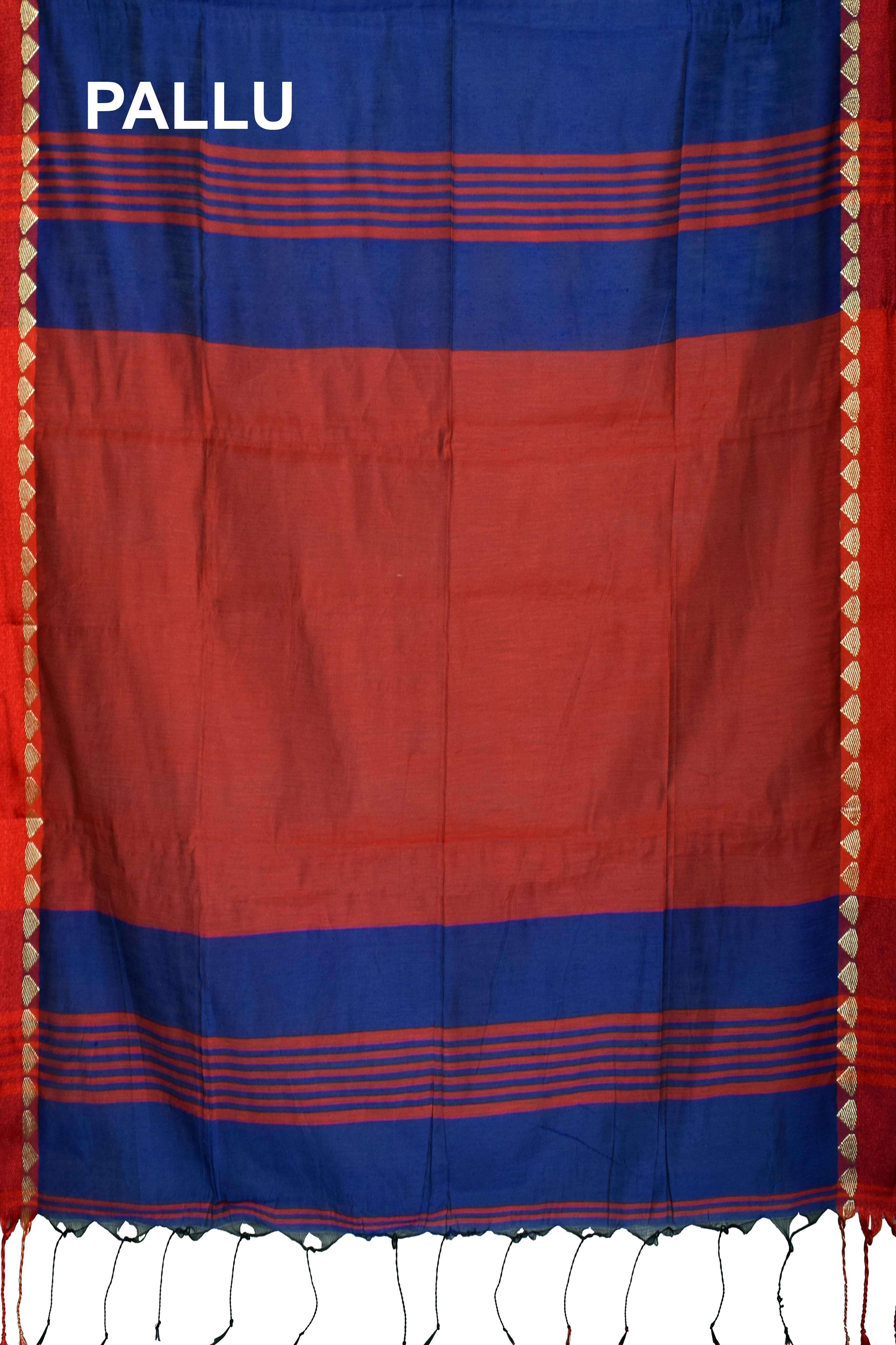 Ojal Sumptuous Blended Cotton Silk Saree in Rich Sapphire Blue Body, Accented with Striking Crimson Anchal