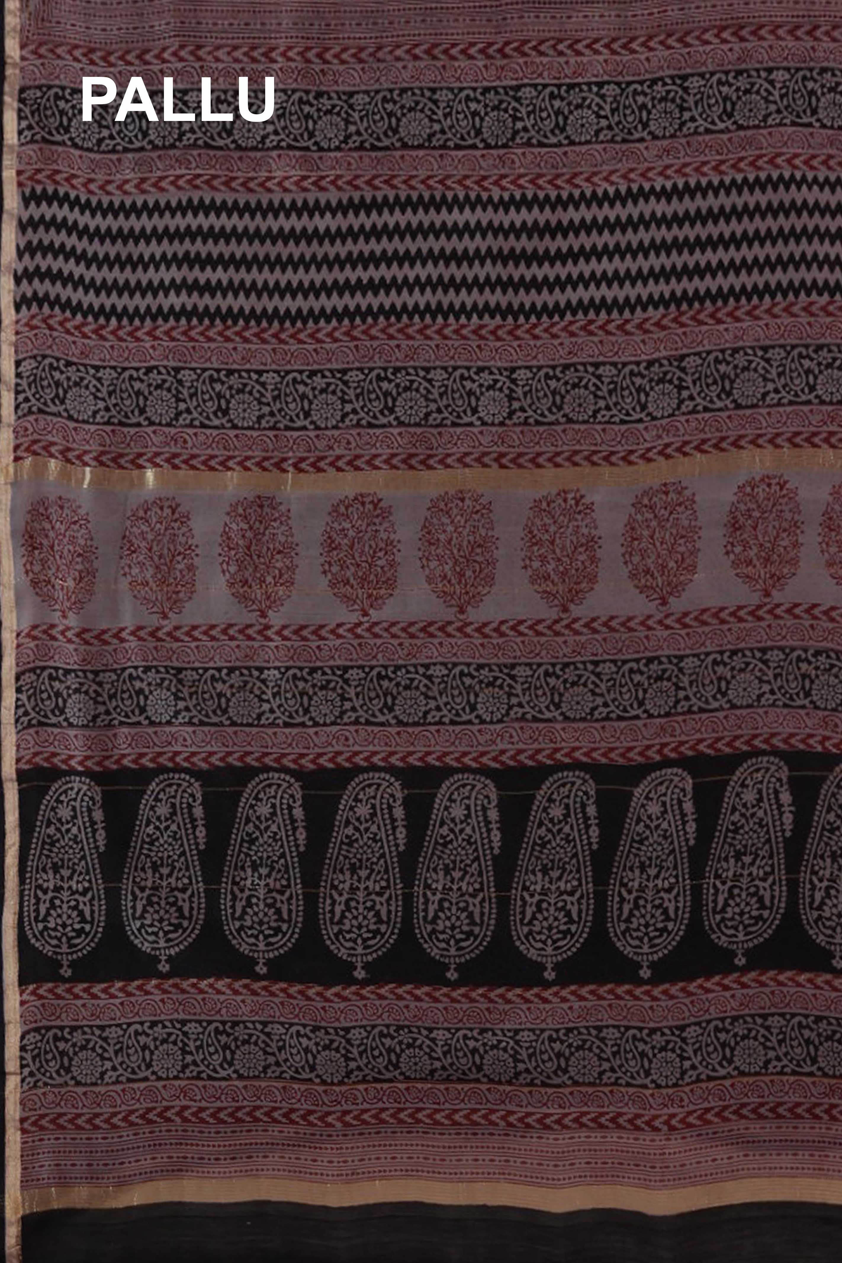 Kyra Chanderi Silk Cotton Saree Bagh Print in Black with Handblock Motif in Purplish Pink Colour