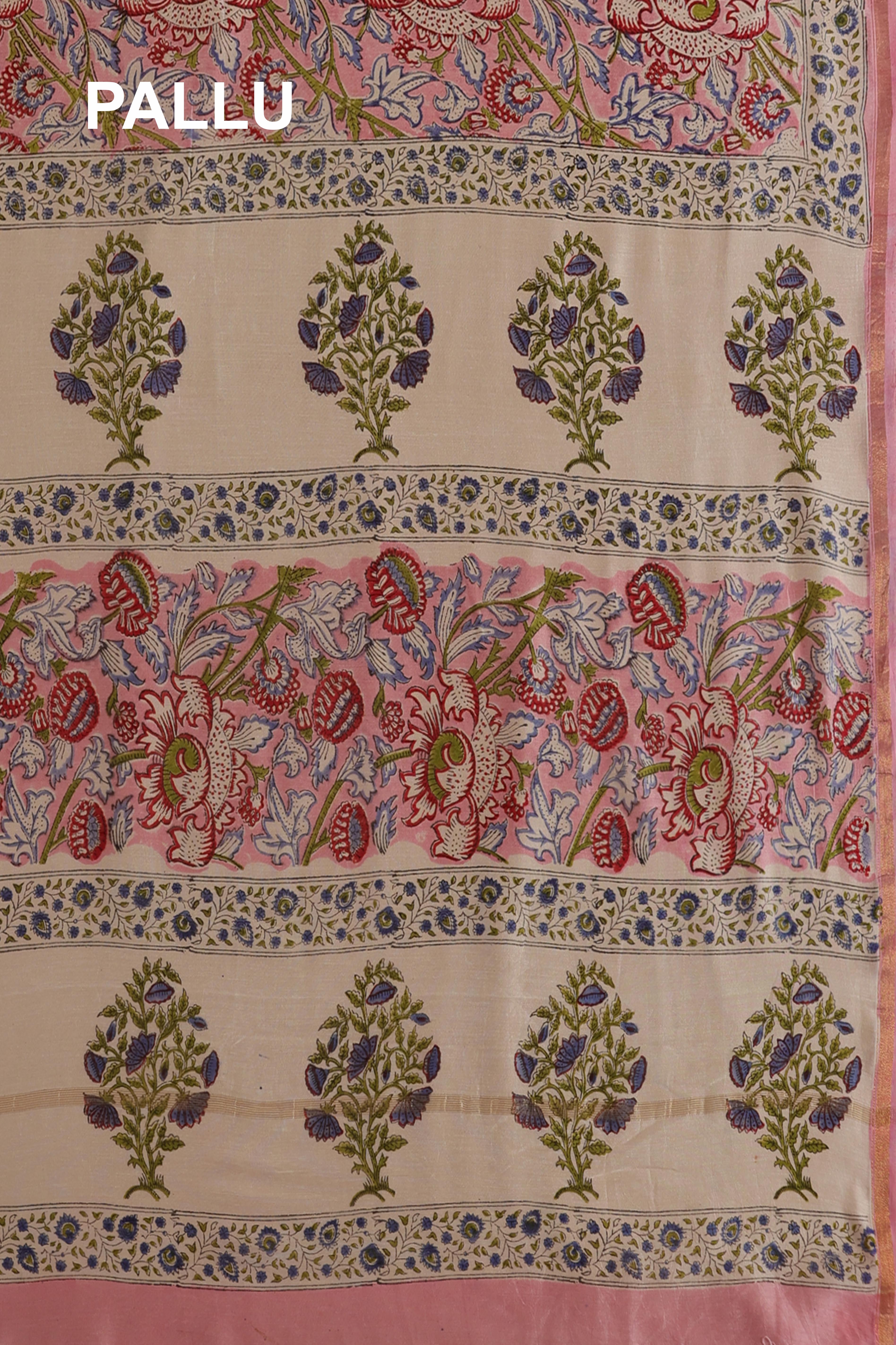 Priya Chanderi Cotton Silk Saree in Light Pink Body, Floral Motifs in Red, Blue & Green with Zari Border