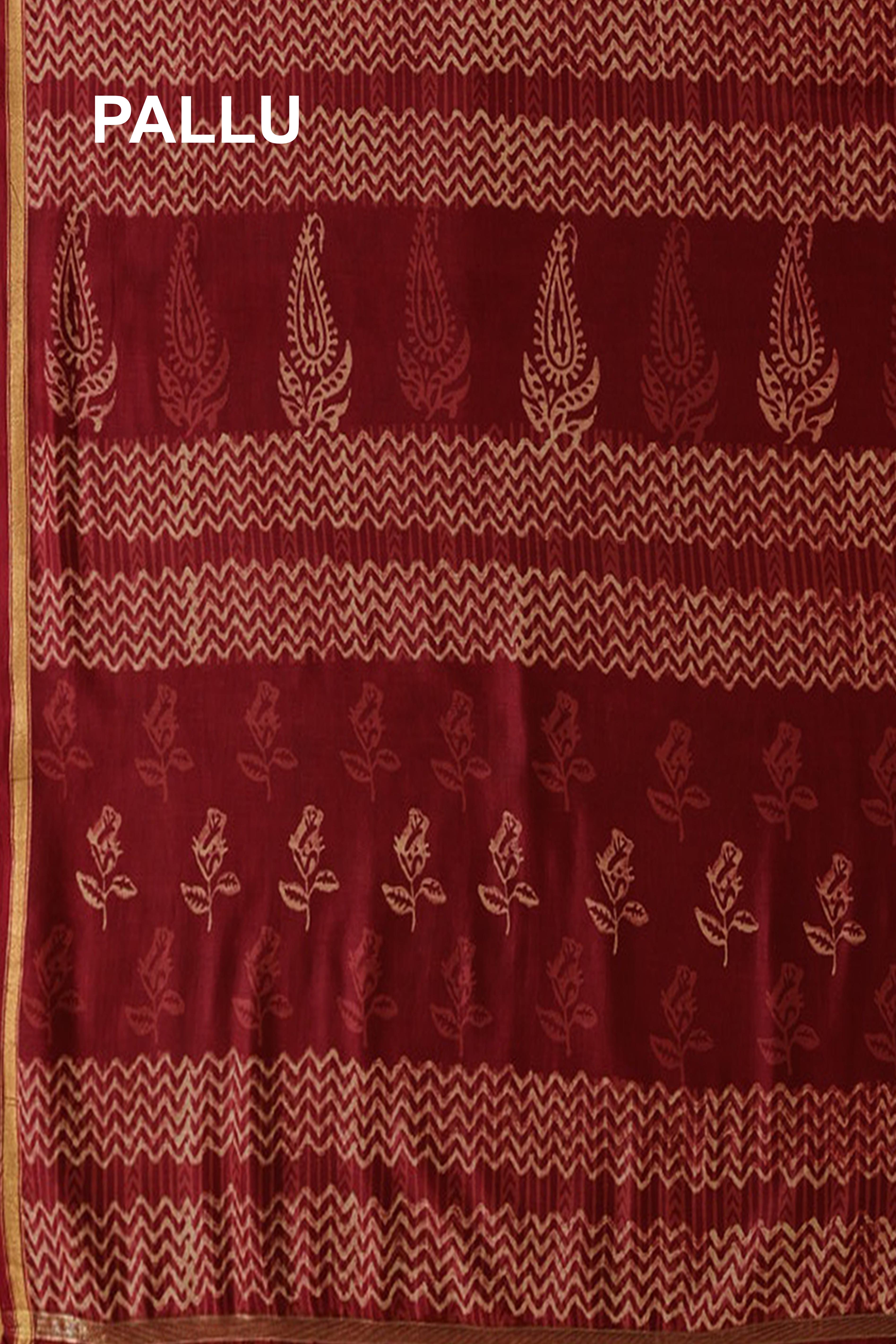 Agni Chanderi Silk Cotton Saree Handblock Bagh Printed in Red Colour with Zari Border