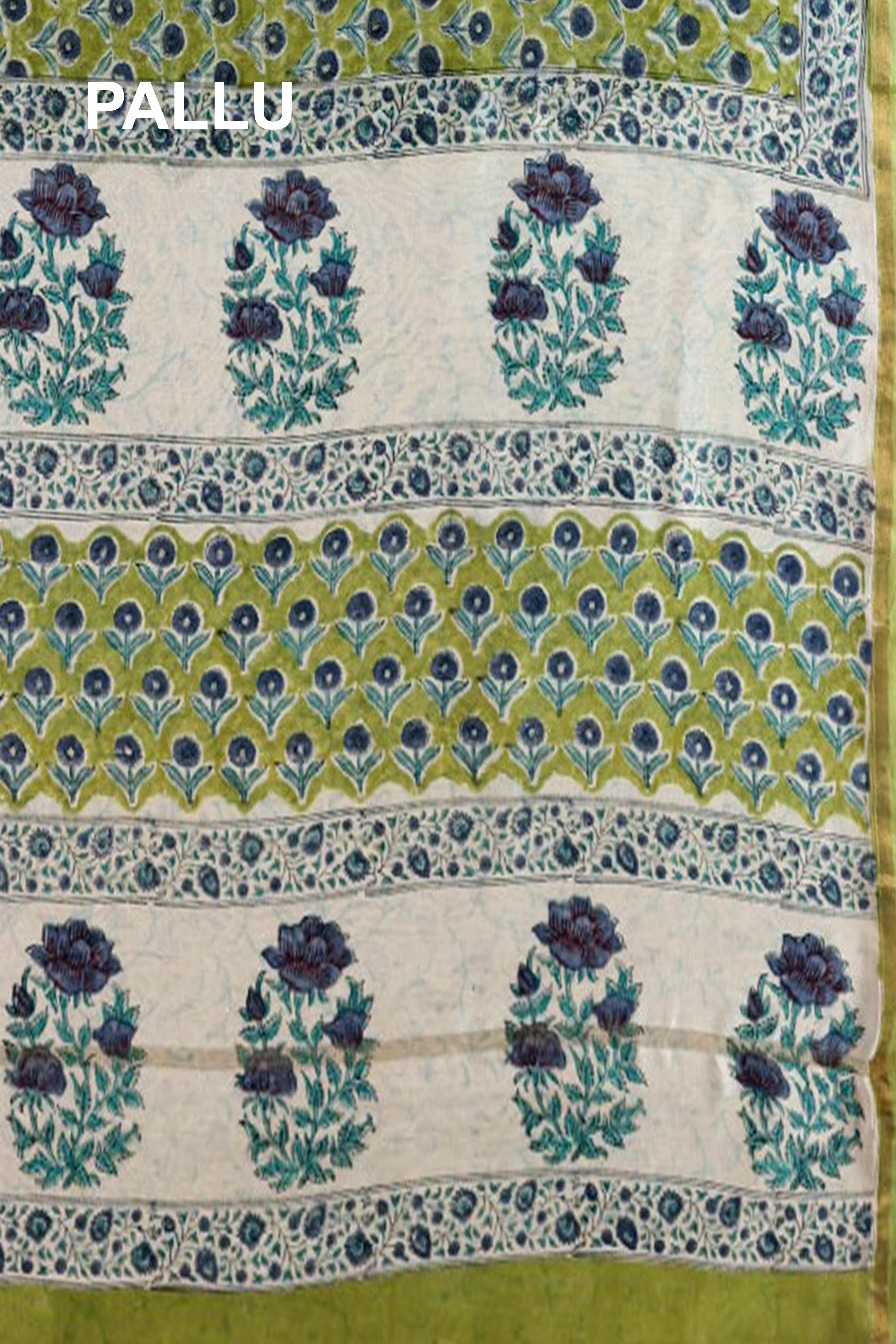 Pihu Chanderi Cotton Silk Saree in Light Pista Green Colour Body, Floral Motifs in Bluish Grey & Turquoise with Zari Border