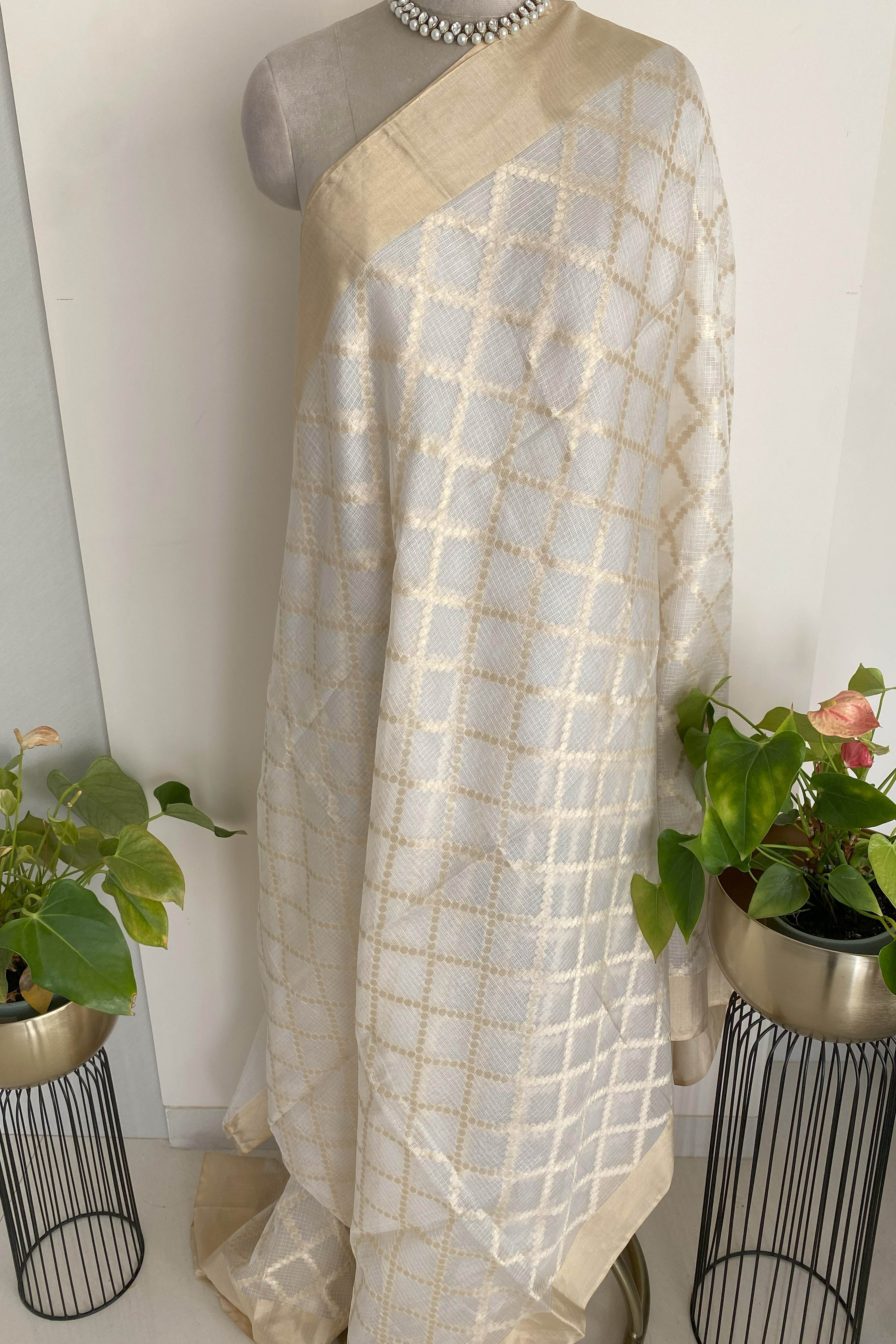 Pearl White & Golden Kota Silk Saree - Indian Handloomz