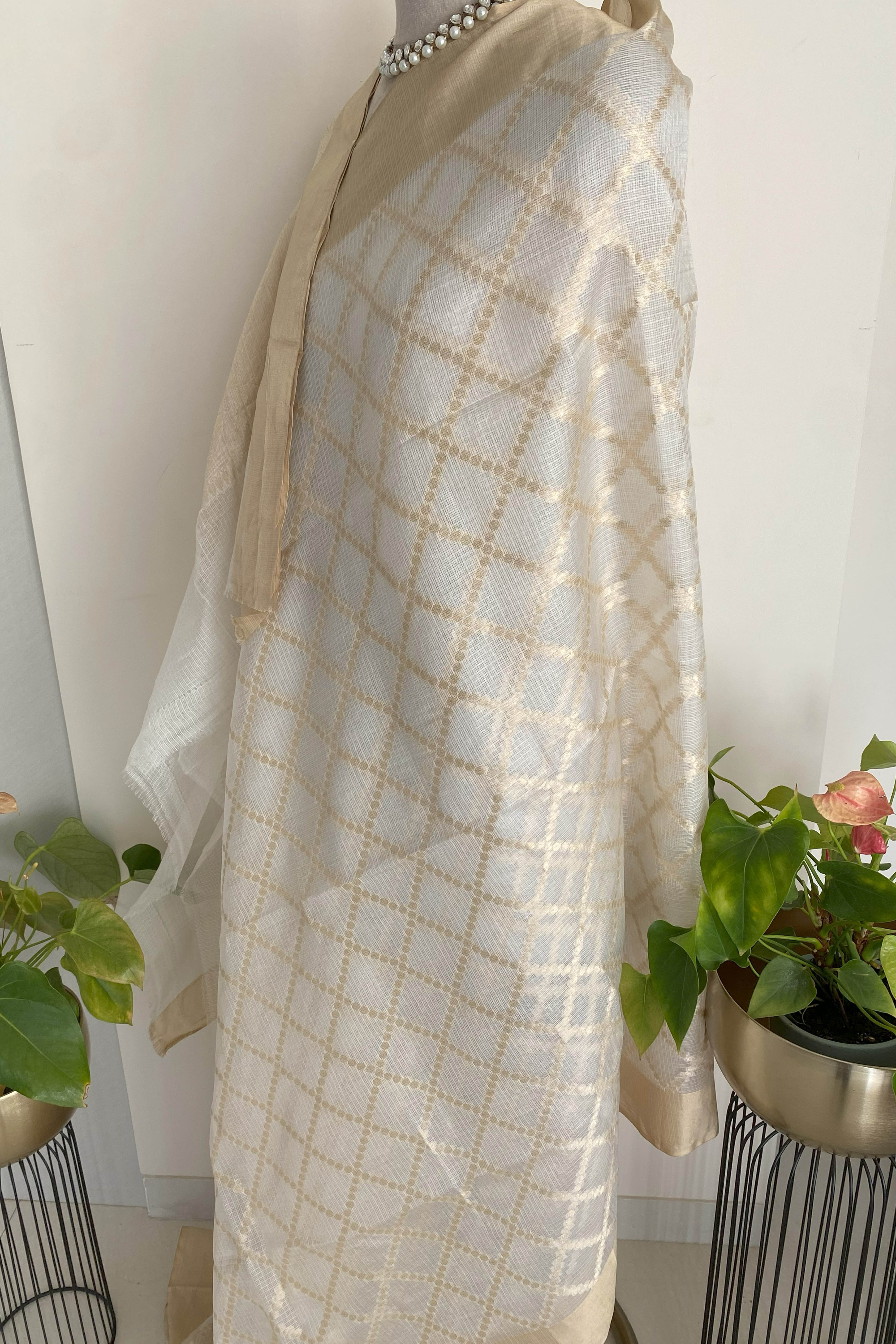 Pearl White & Golden Kota Silk Saree - Indian Handloomz