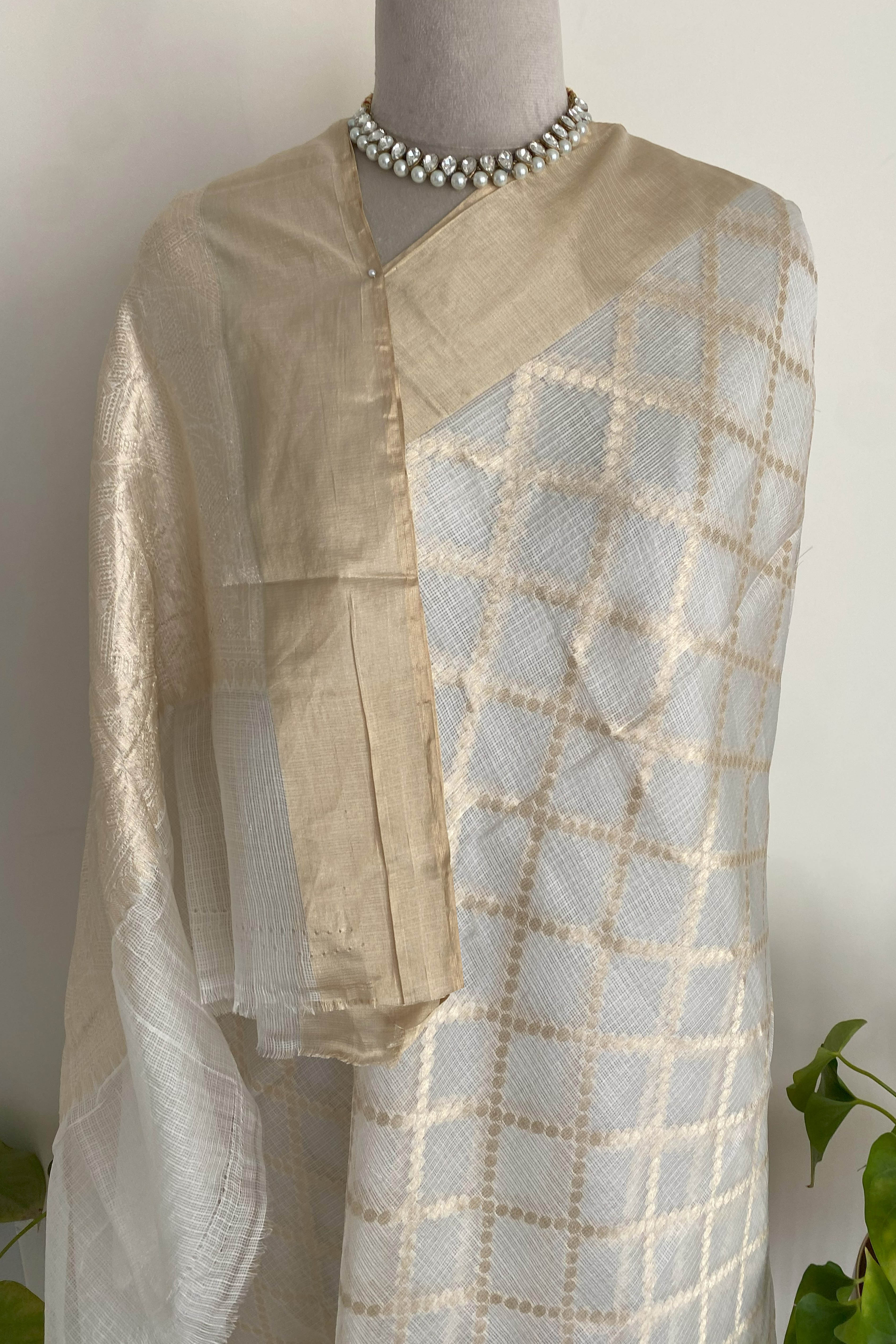 Pearl White & Golden Kota Silk Saree - Indian Handloomz