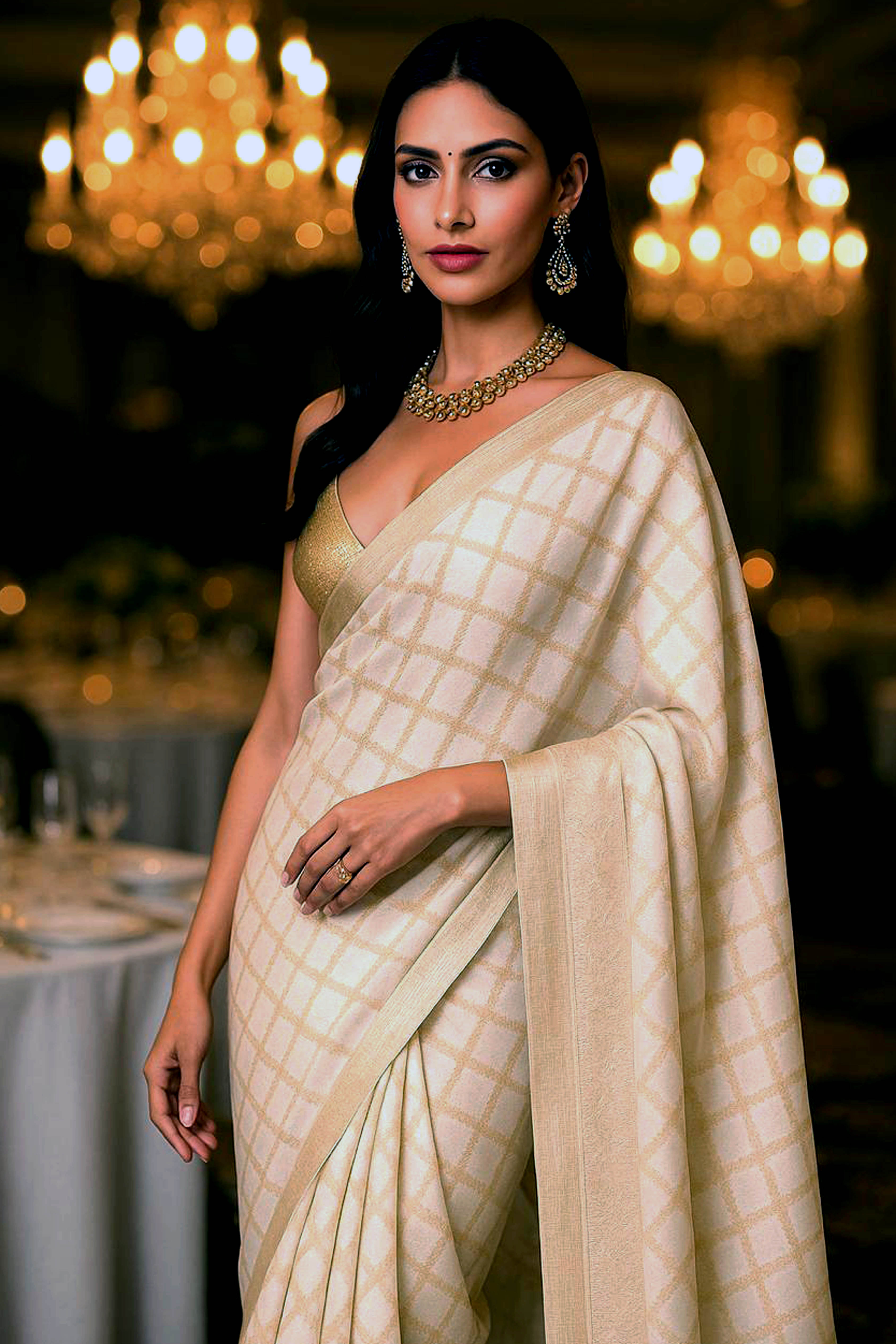 Pearl White & Golden Kota Silk Saree - Indian Handloomz
