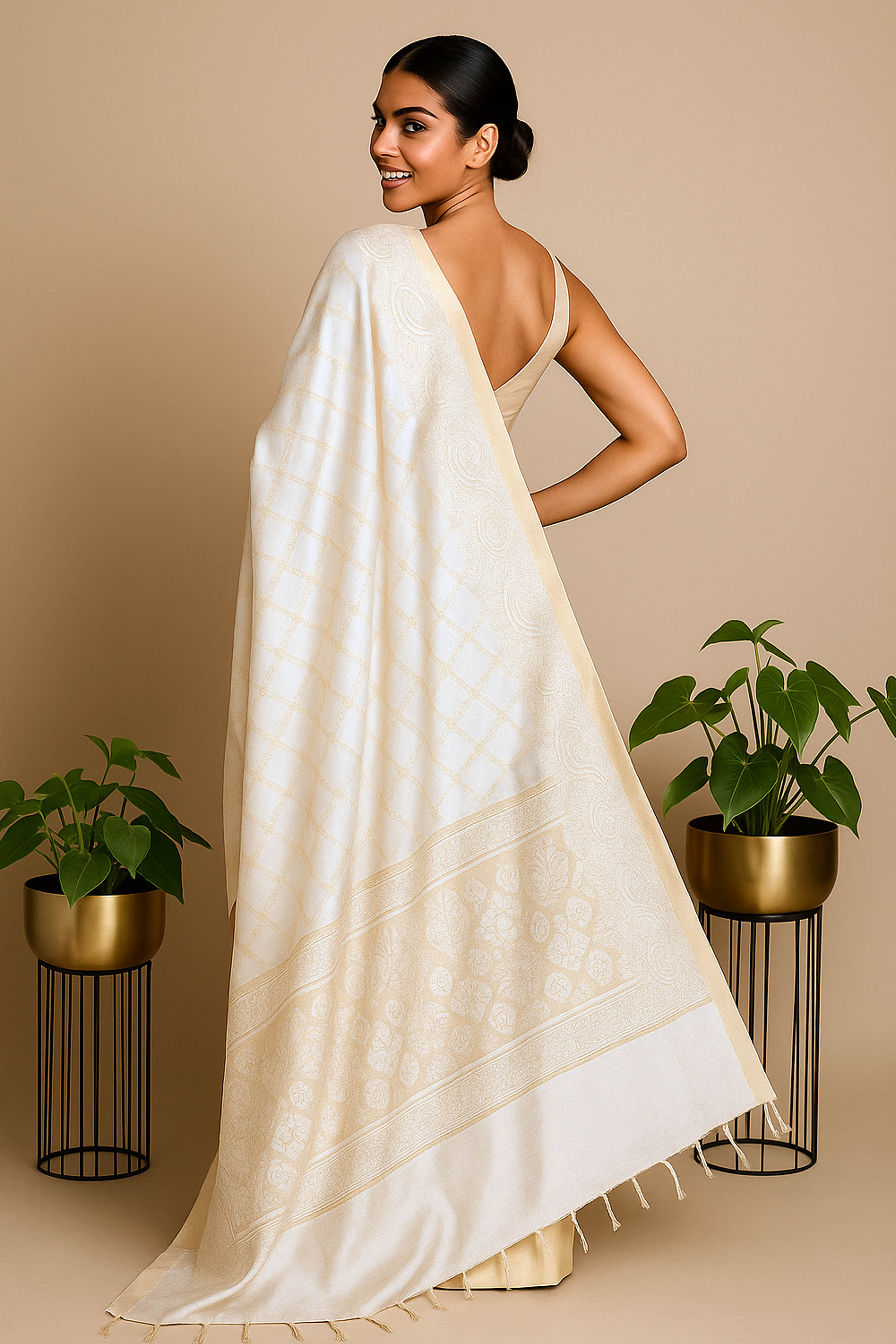 Pearl White & Golden Kota Silk Saree - Indian Handloomz
