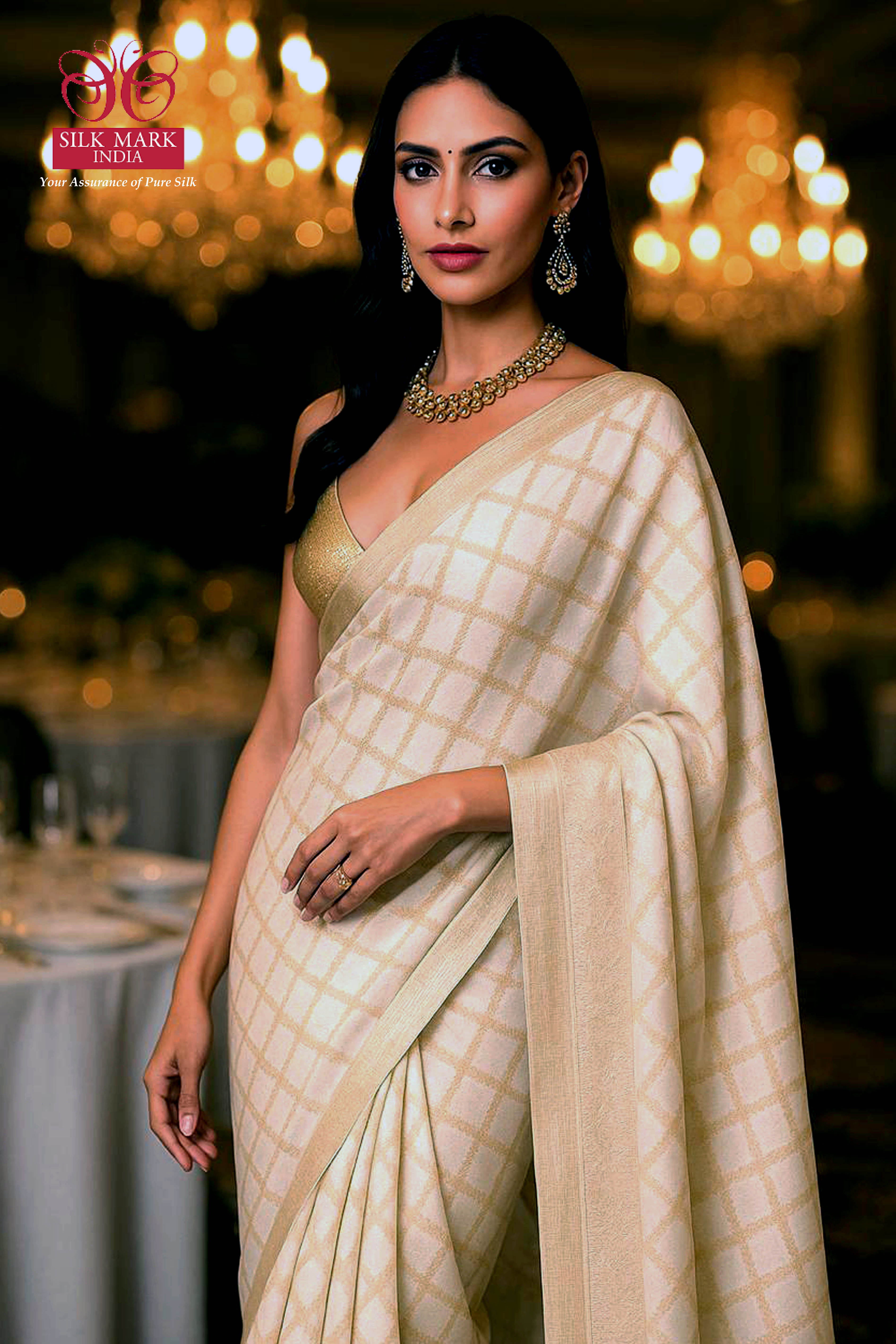 Pearl White & Golden Kota Silk Saree - Indian Handloomz