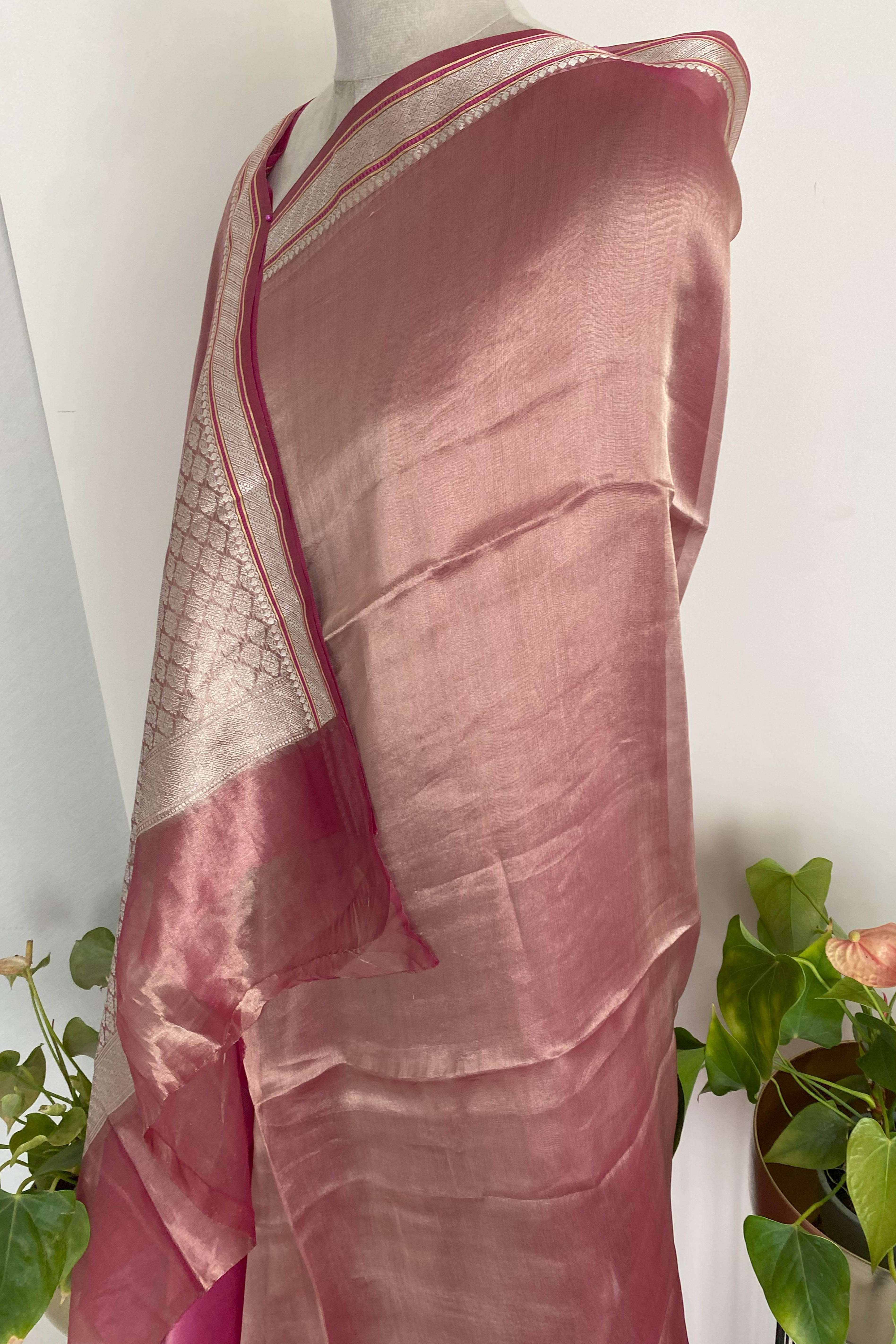 Pure Banarasi Tissue Silk Saree in Shimmery Onion Pink Colour - Indian Handloomz