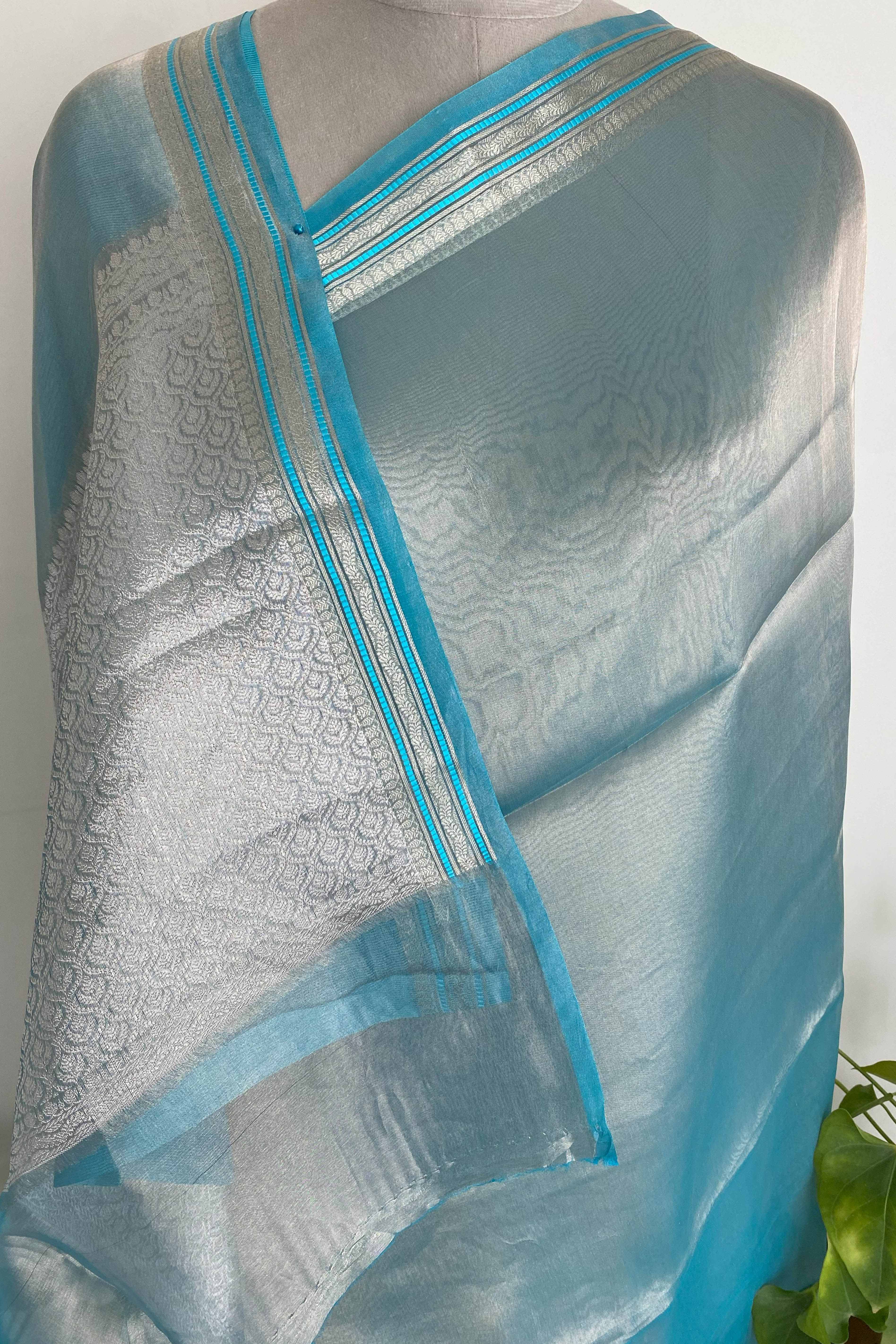 Pure Banarasi Tissue Silk Saree in Sky Blue - Indian Handloomz