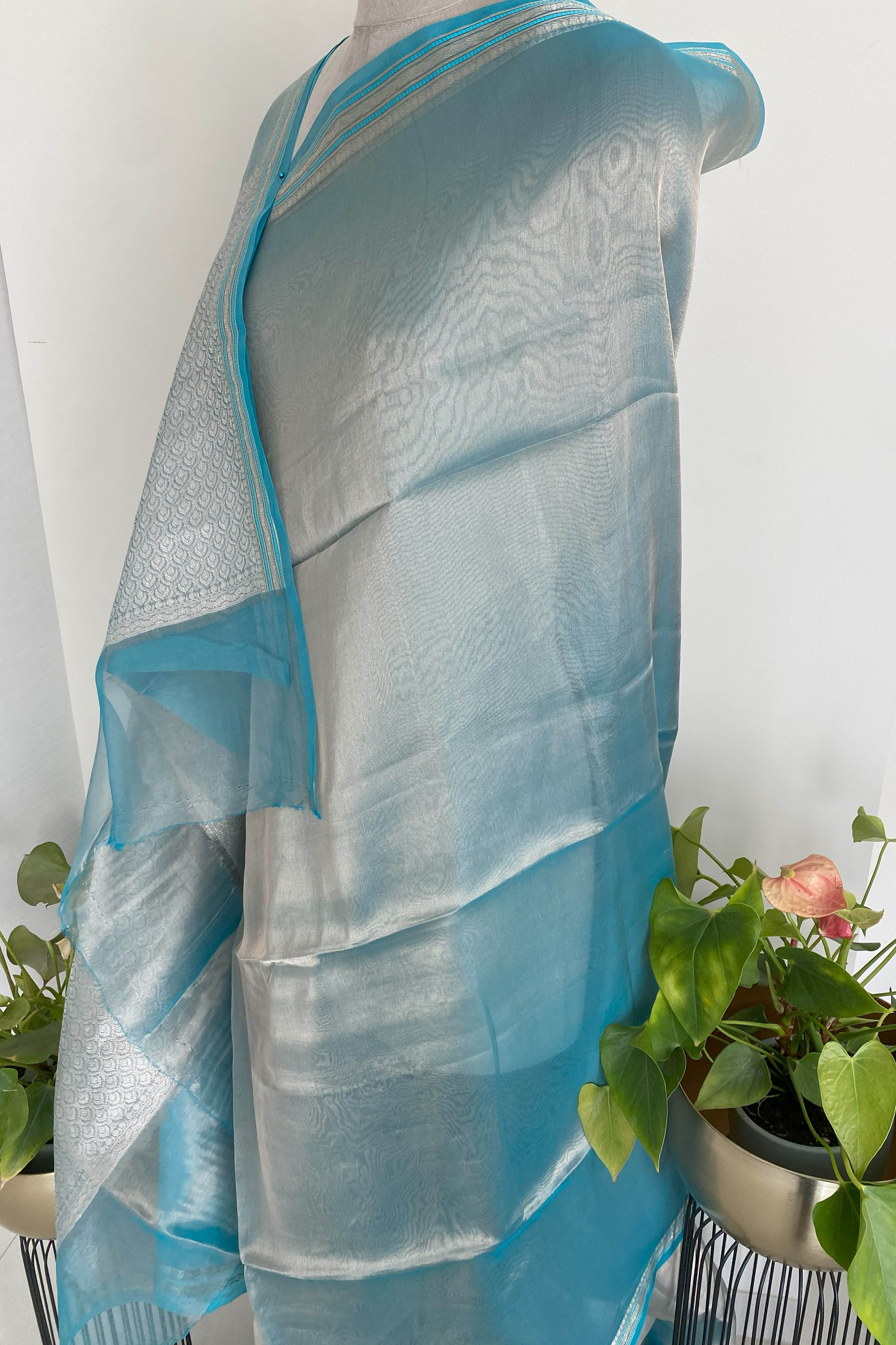 Pure Banarasi Tissue Silk Saree in Sky Blue - Indian Handloomz