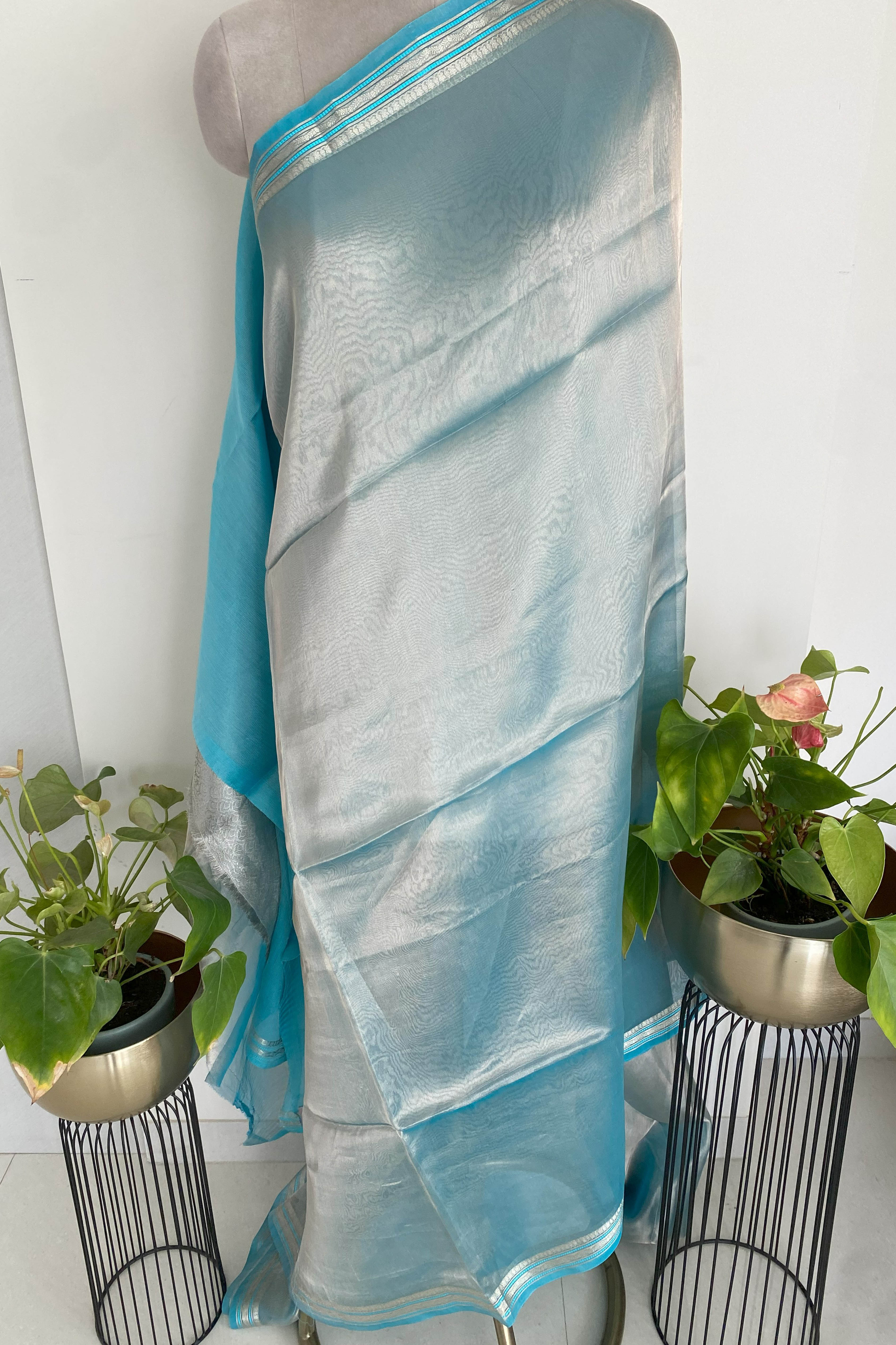 Pure Banarasi Tissue Silk Saree in Sky Blue - Indian Handloomz
