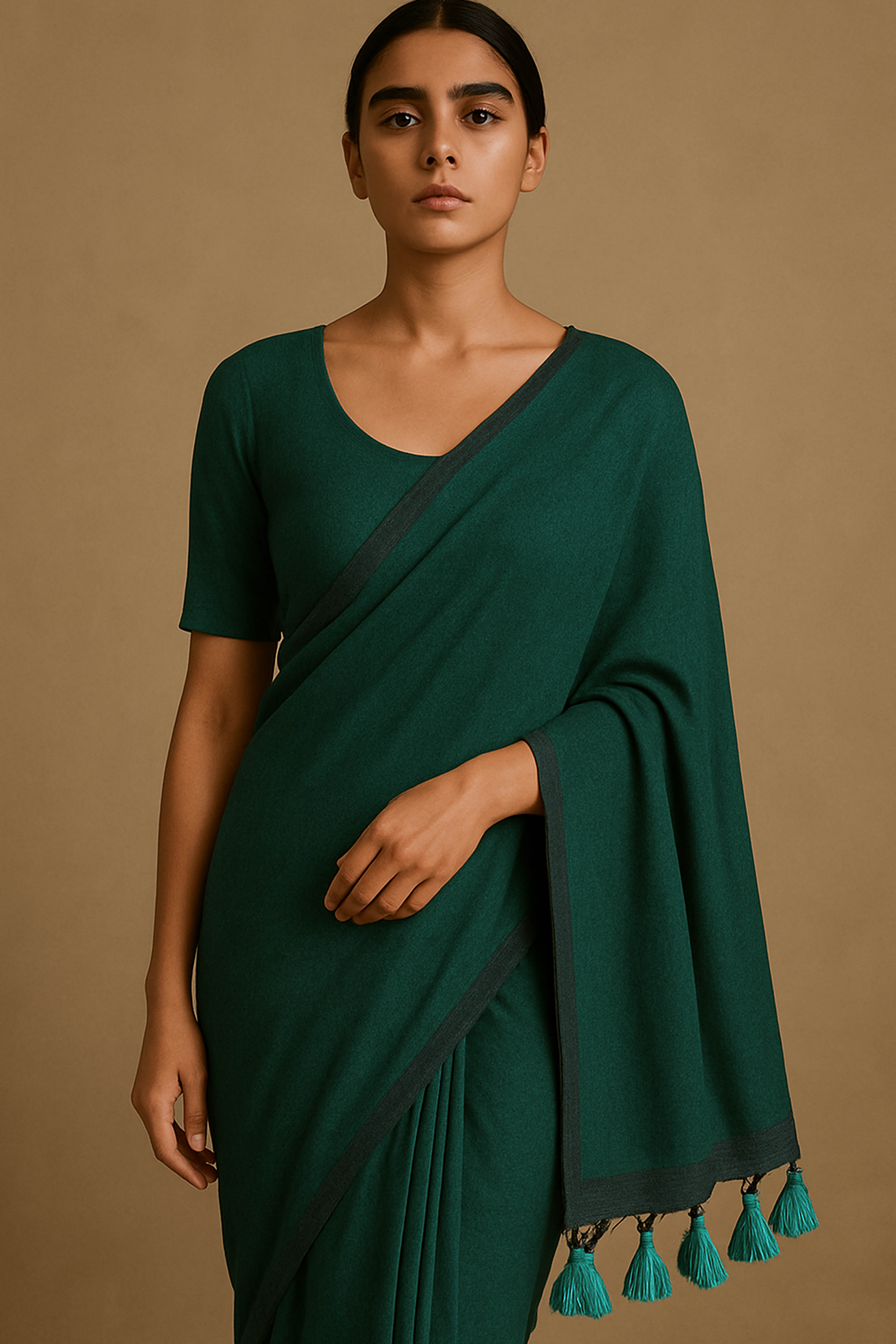 Pure Cotton Bottle Green Saree with Tassels & Blouse Piece - Indian Handloomz