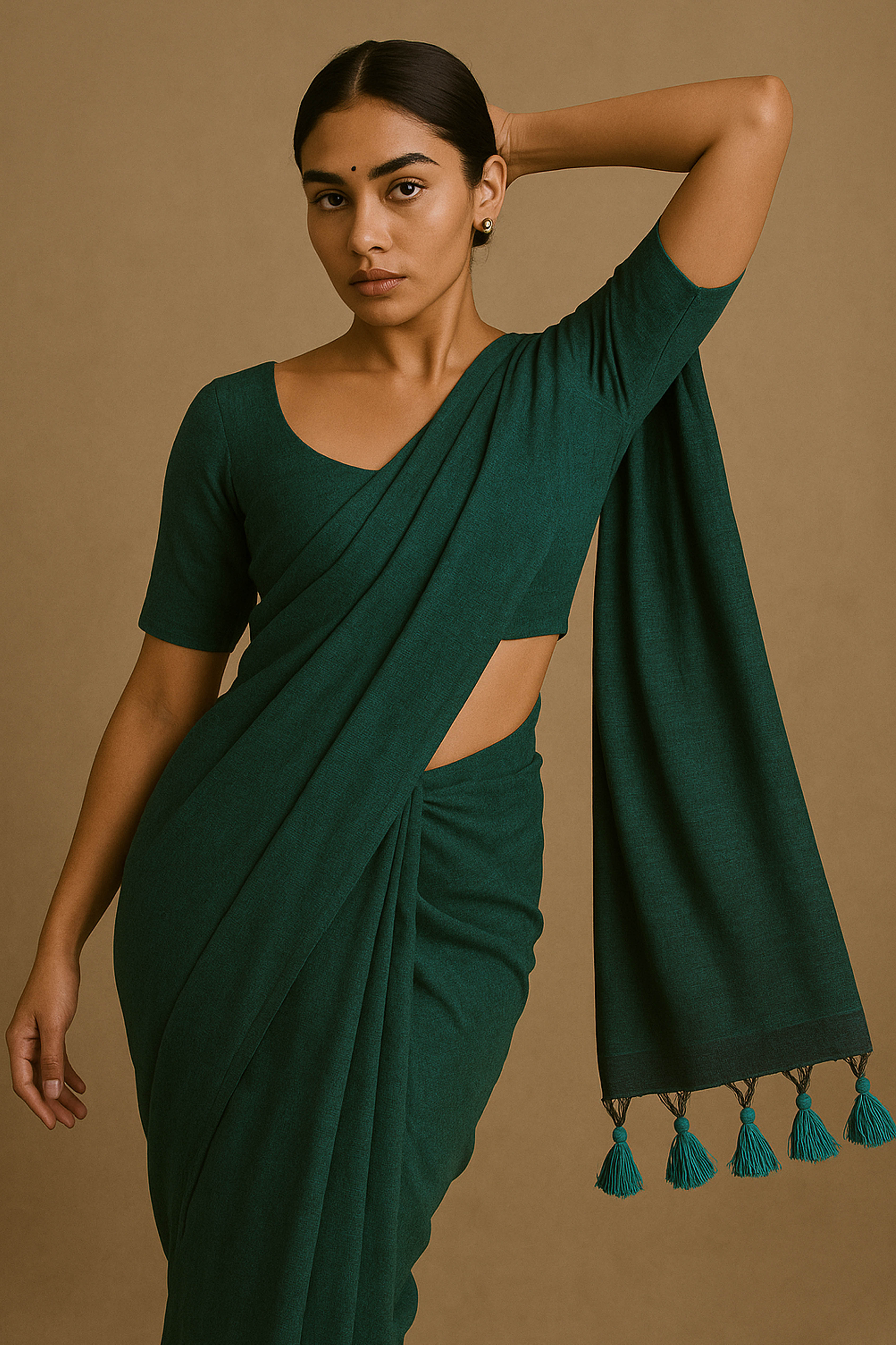 Pure Cotton Bottle Green Saree with Tassels & Blouse Piece - Indian Handloomz