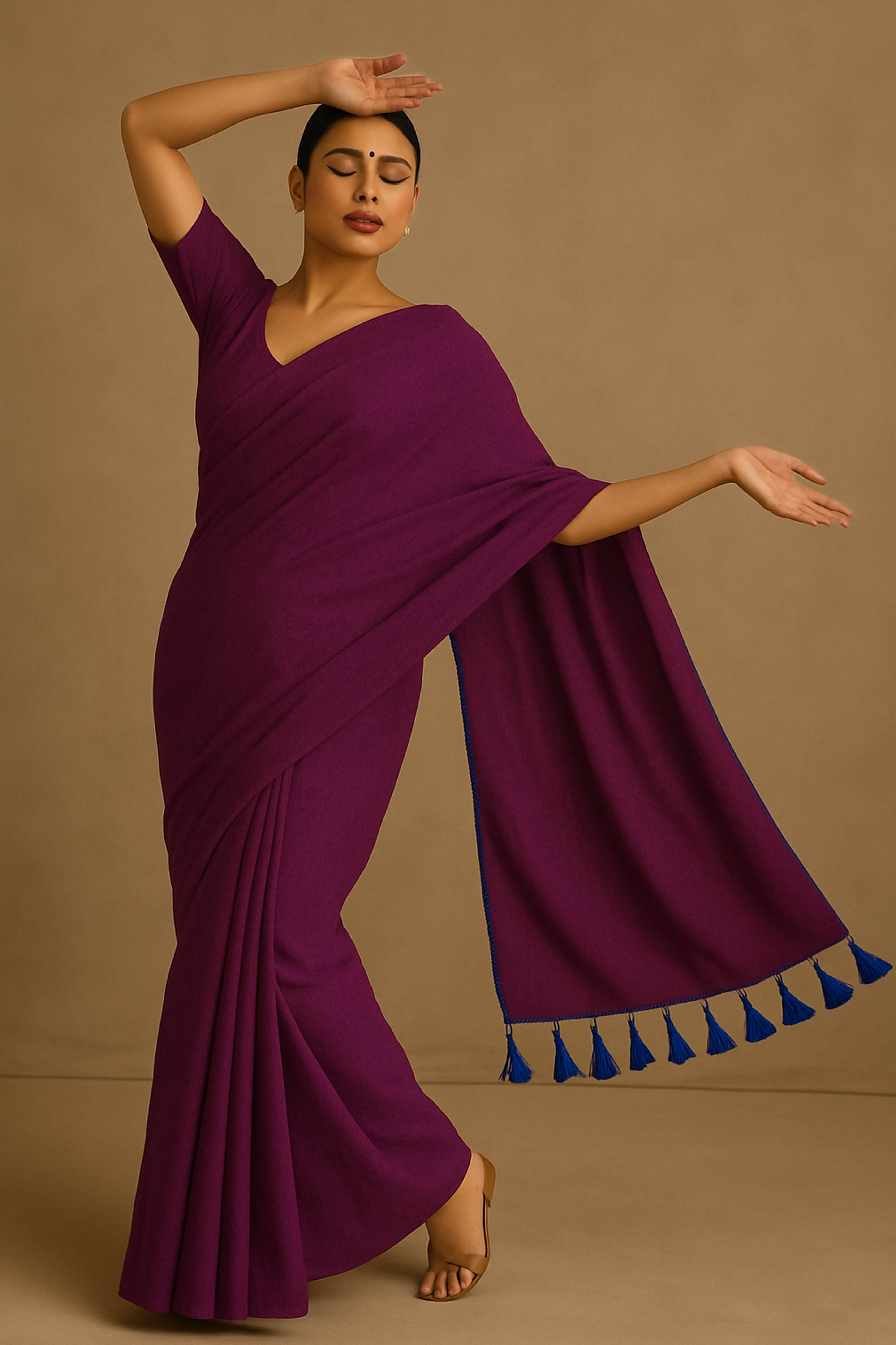 Pure Cotton Dark Magenta Saree with Tassels & Blouse Piece - Indian Handloomz