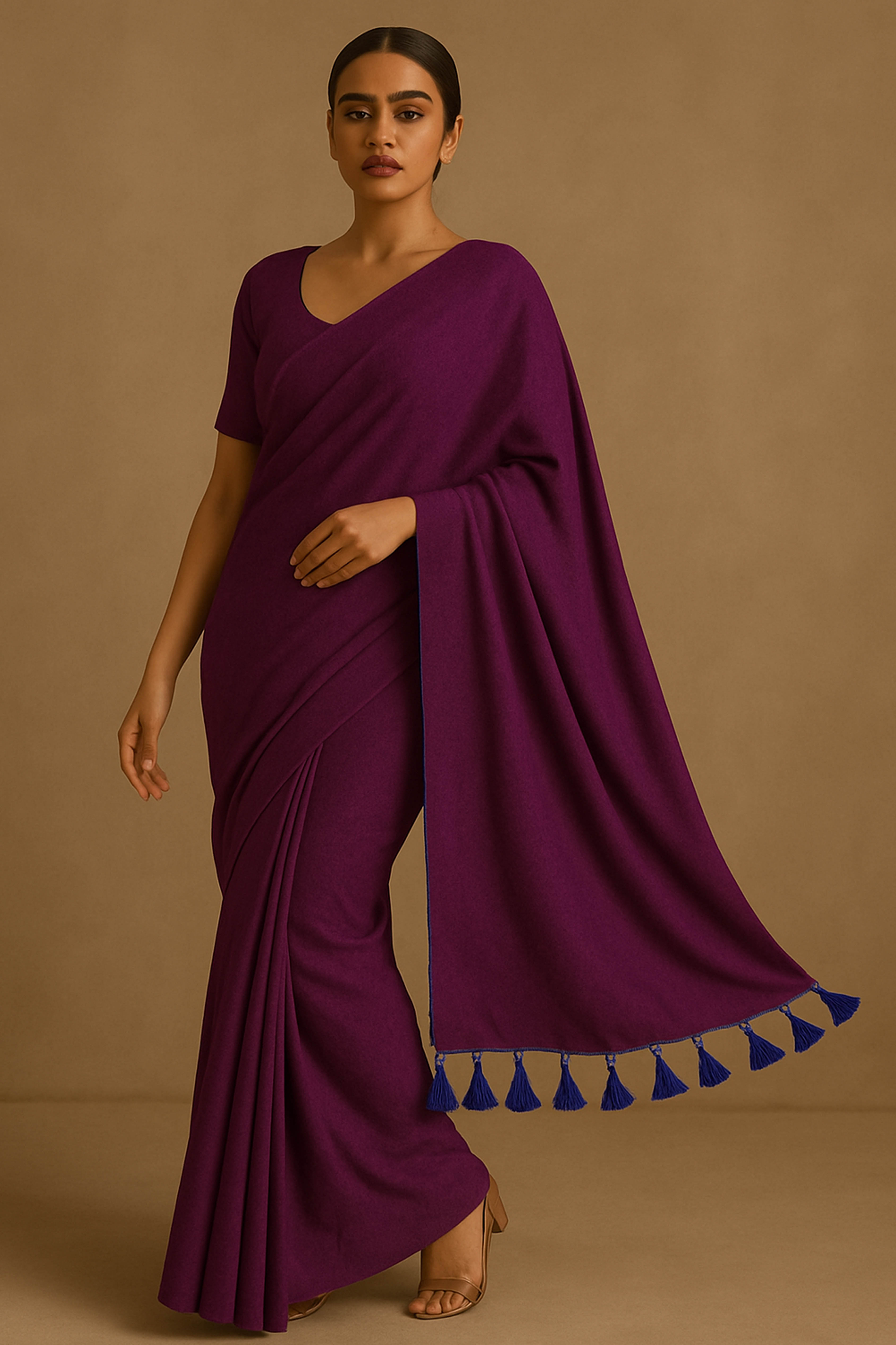 Pure Cotton Dark Magenta Saree with Tassels & Blouse Piece - Indian Handloomz