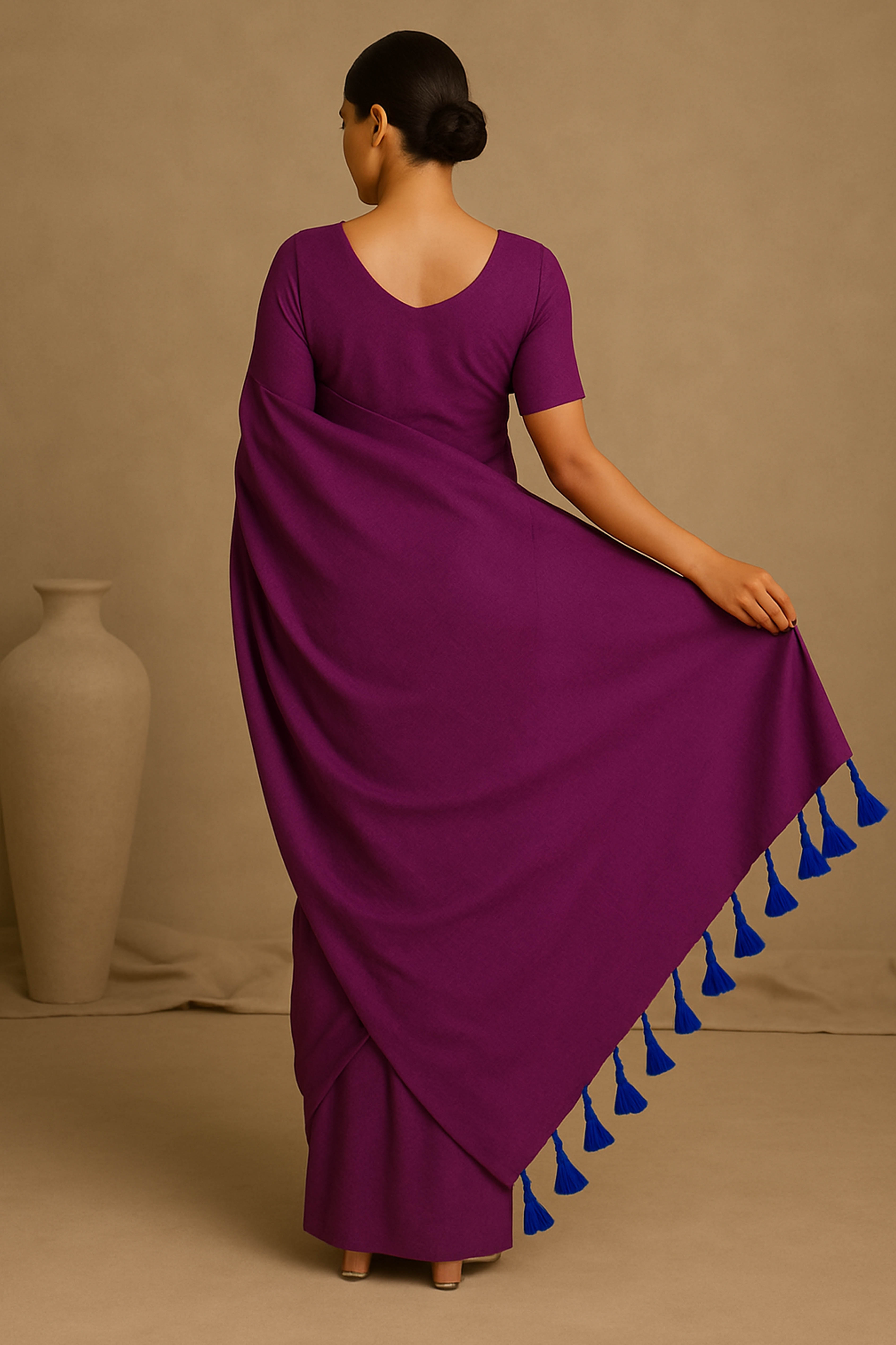 Pure Cotton Dark Magenta Saree with Tassels & Blouse Piece - Indian Handloomz