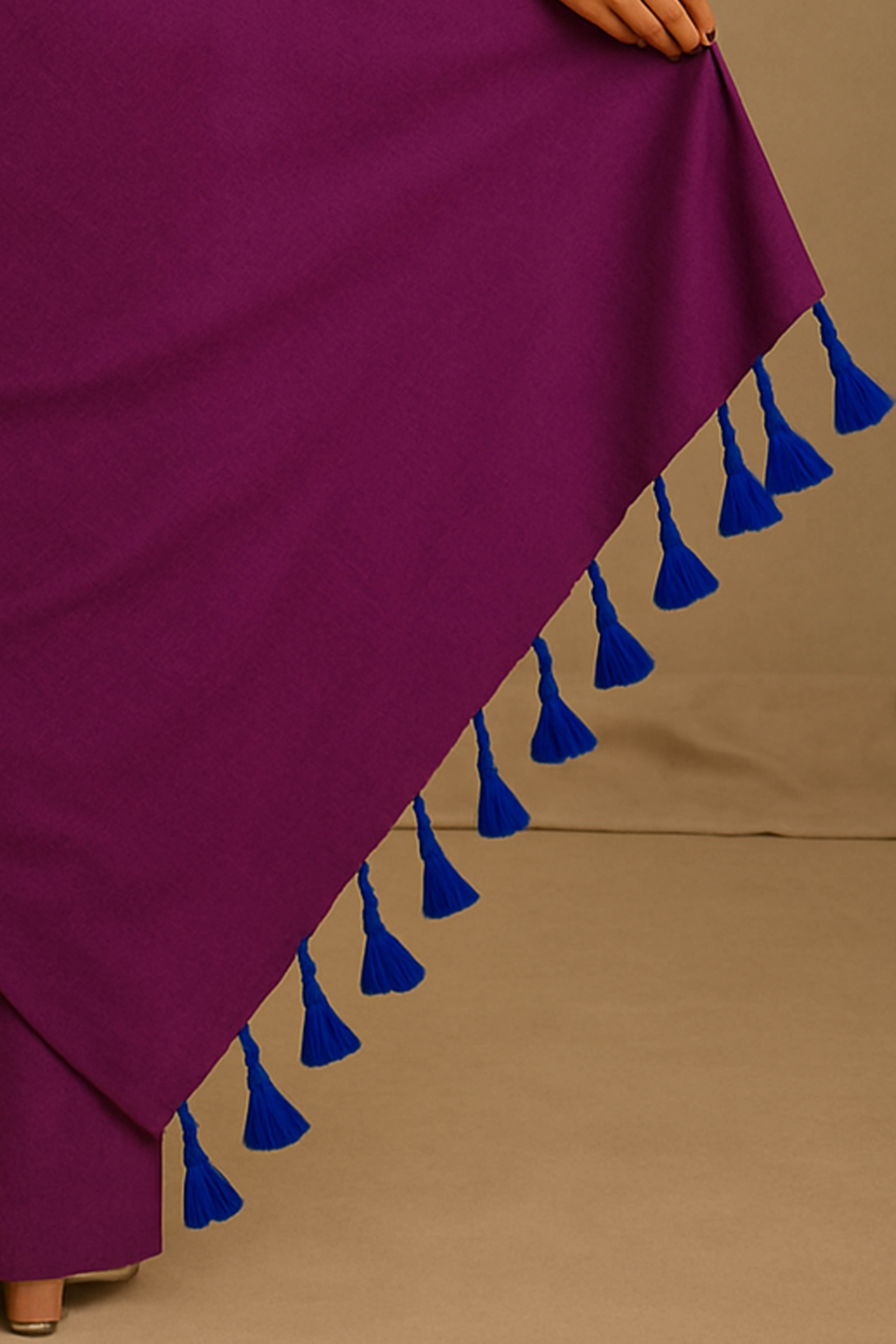Pure Cotton Dark Magenta Saree with Tassels & Blouse Piece - Indian Handloomz