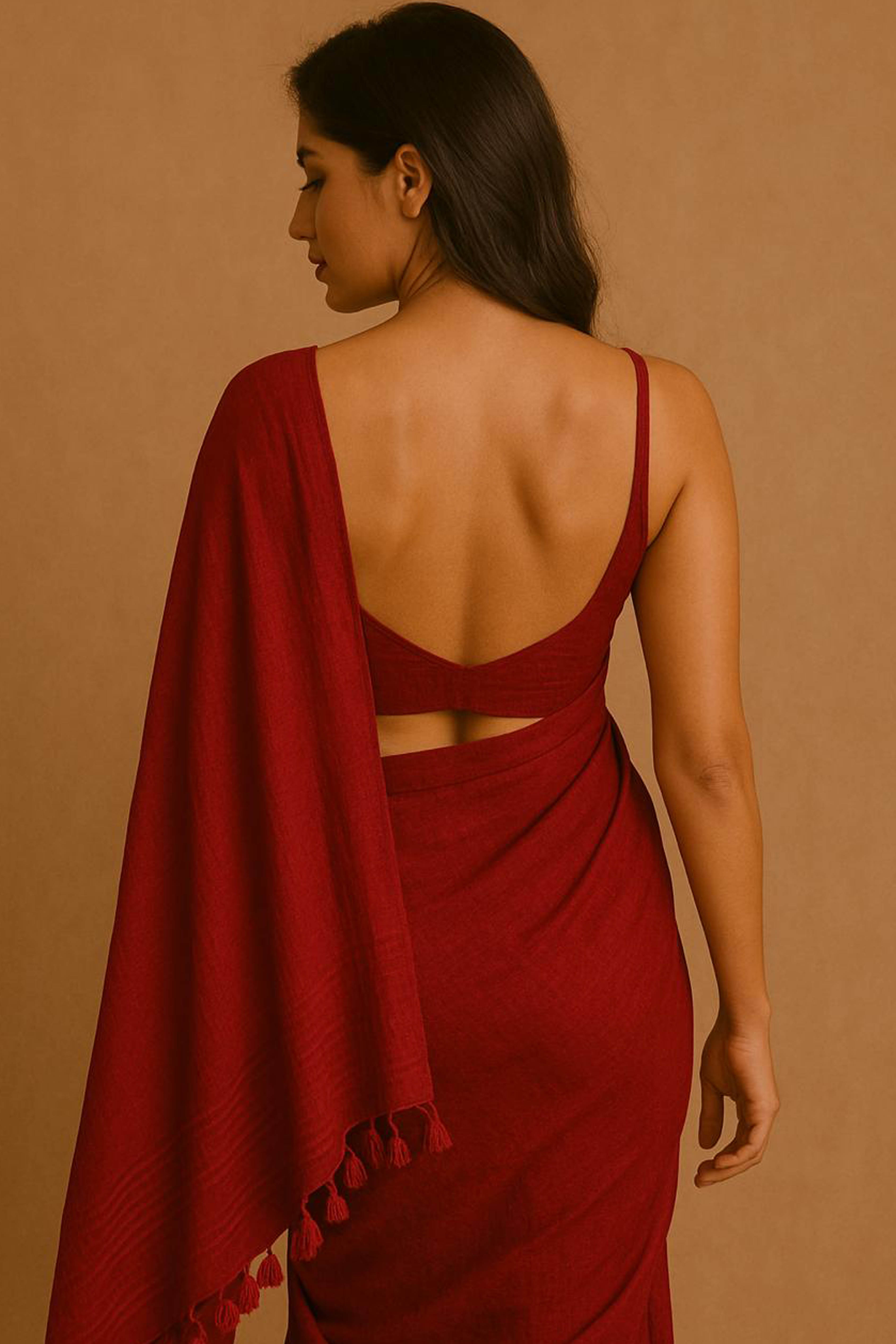 Pure Cotton Maroon Saree with Tassels & Blouse Piece - Indian Handloomz