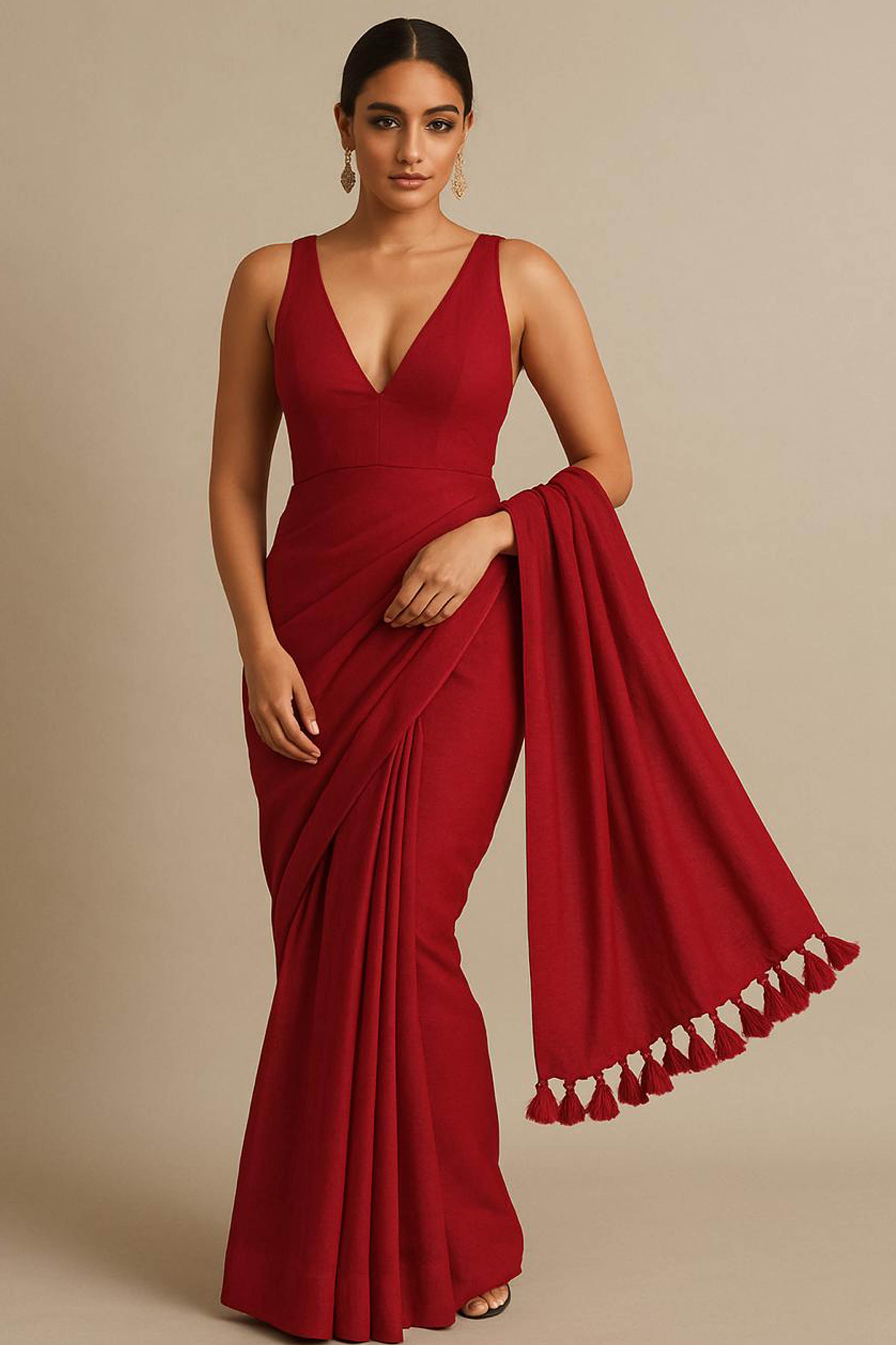 Pure Cotton Maroon Saree with Tassels & Blouse Piece - Indian Handloomz