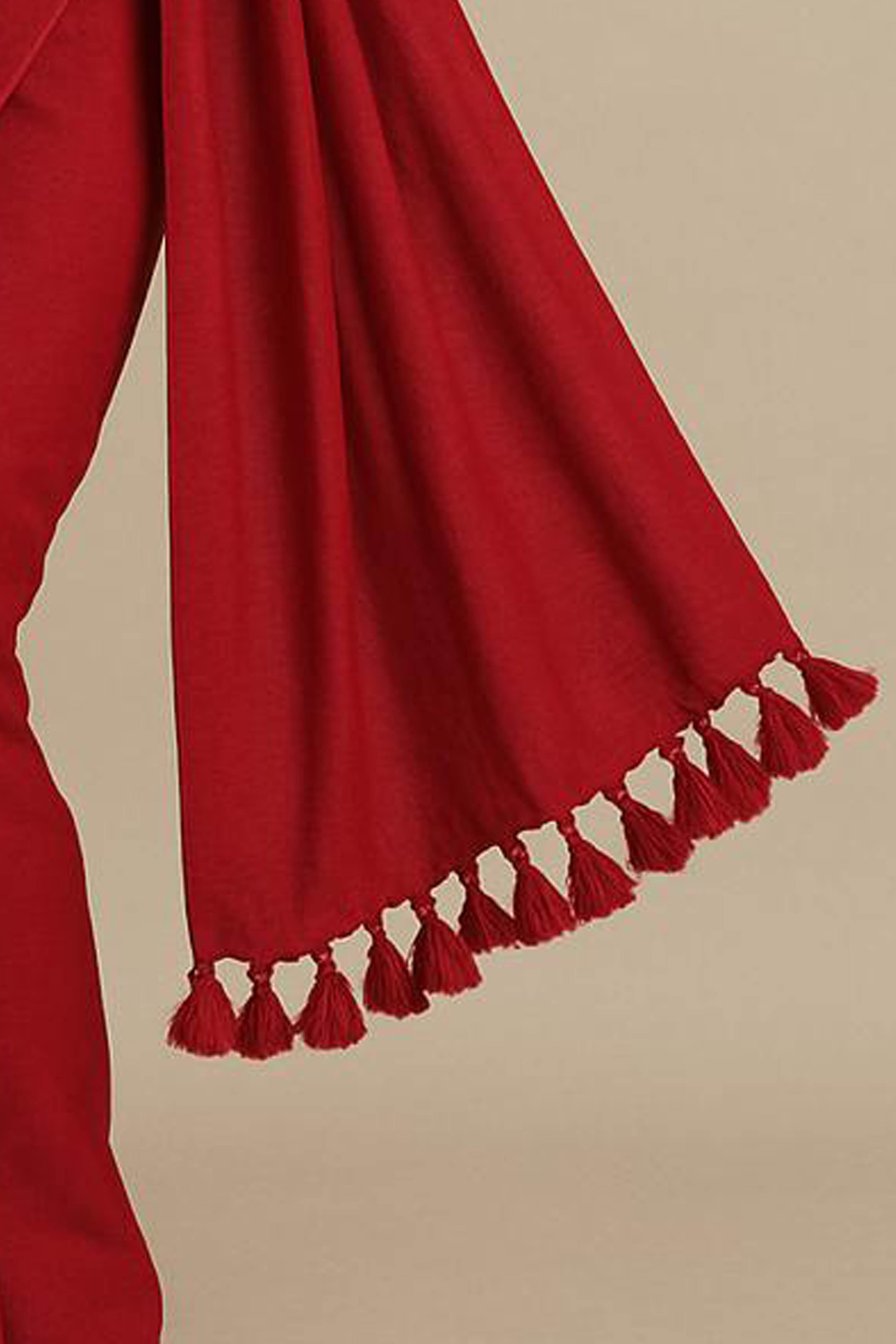 Pure Cotton Maroon Saree with Tassels & Blouse Piece - Indian Handloomz