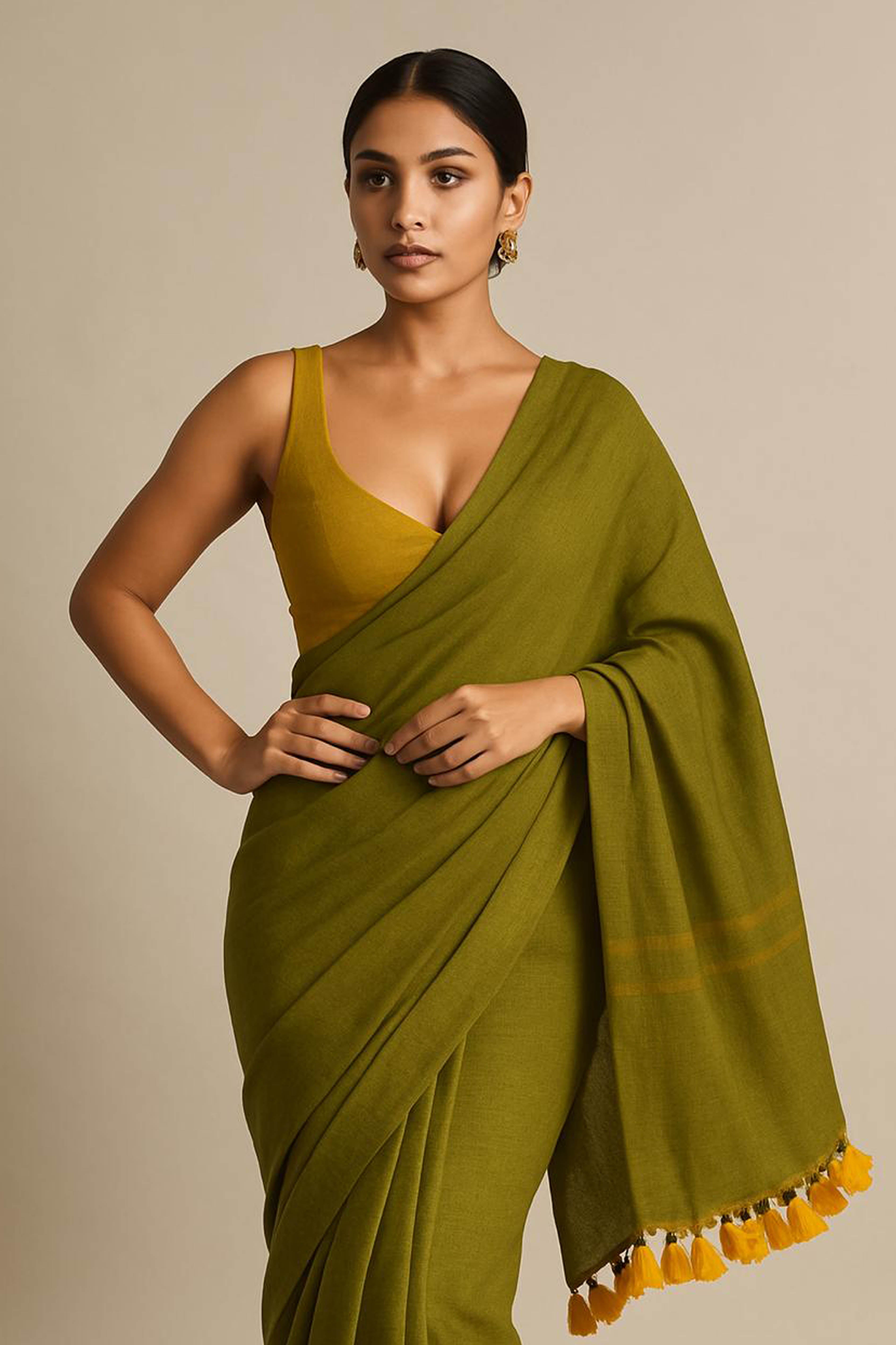 Pure Cotton Olive Green Saree with Yellow Tassels & Blouse Piece - Indian Handloomz
