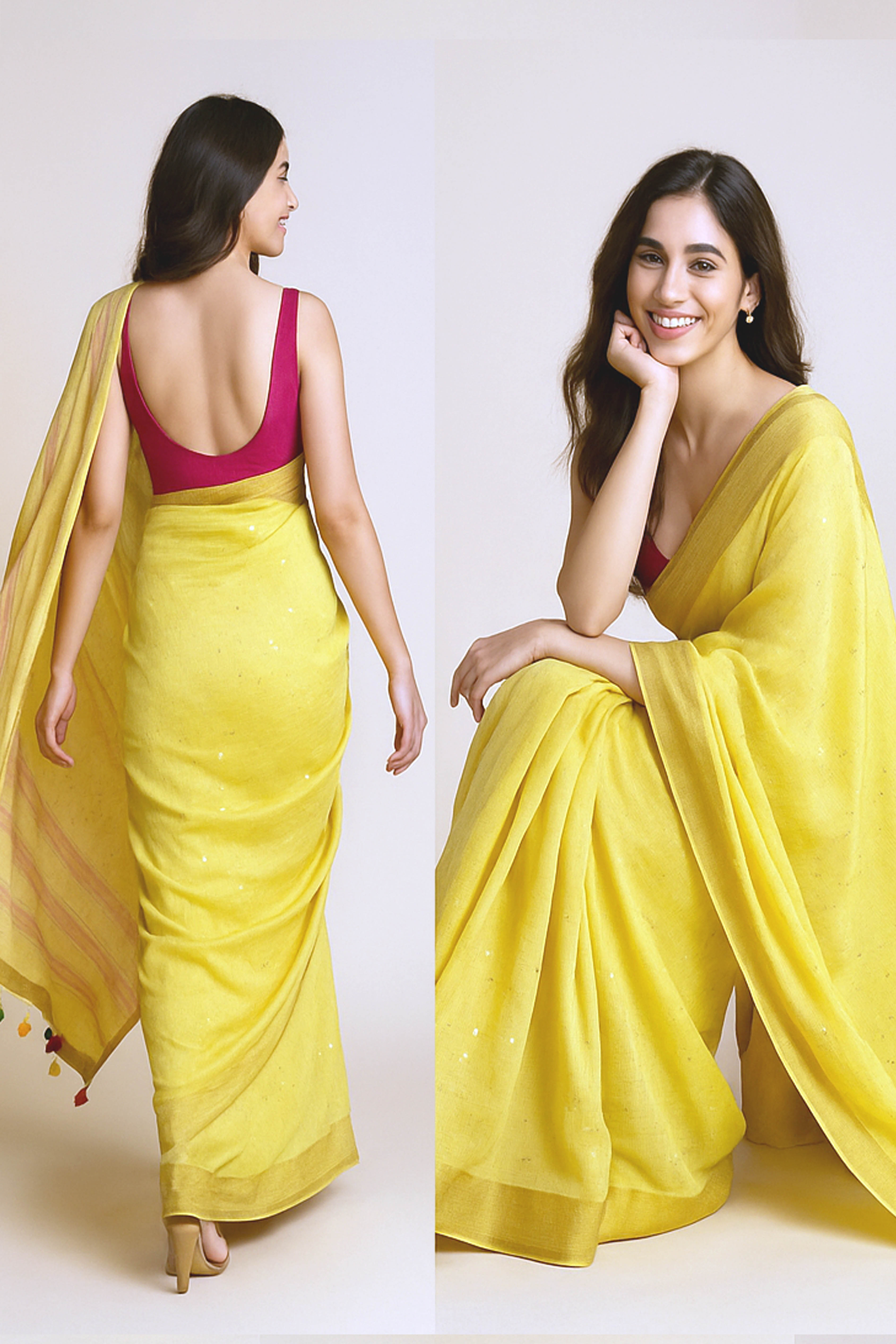 Pure Linen Saree in Lemon Yellow with Sequins - Indian Handloomz