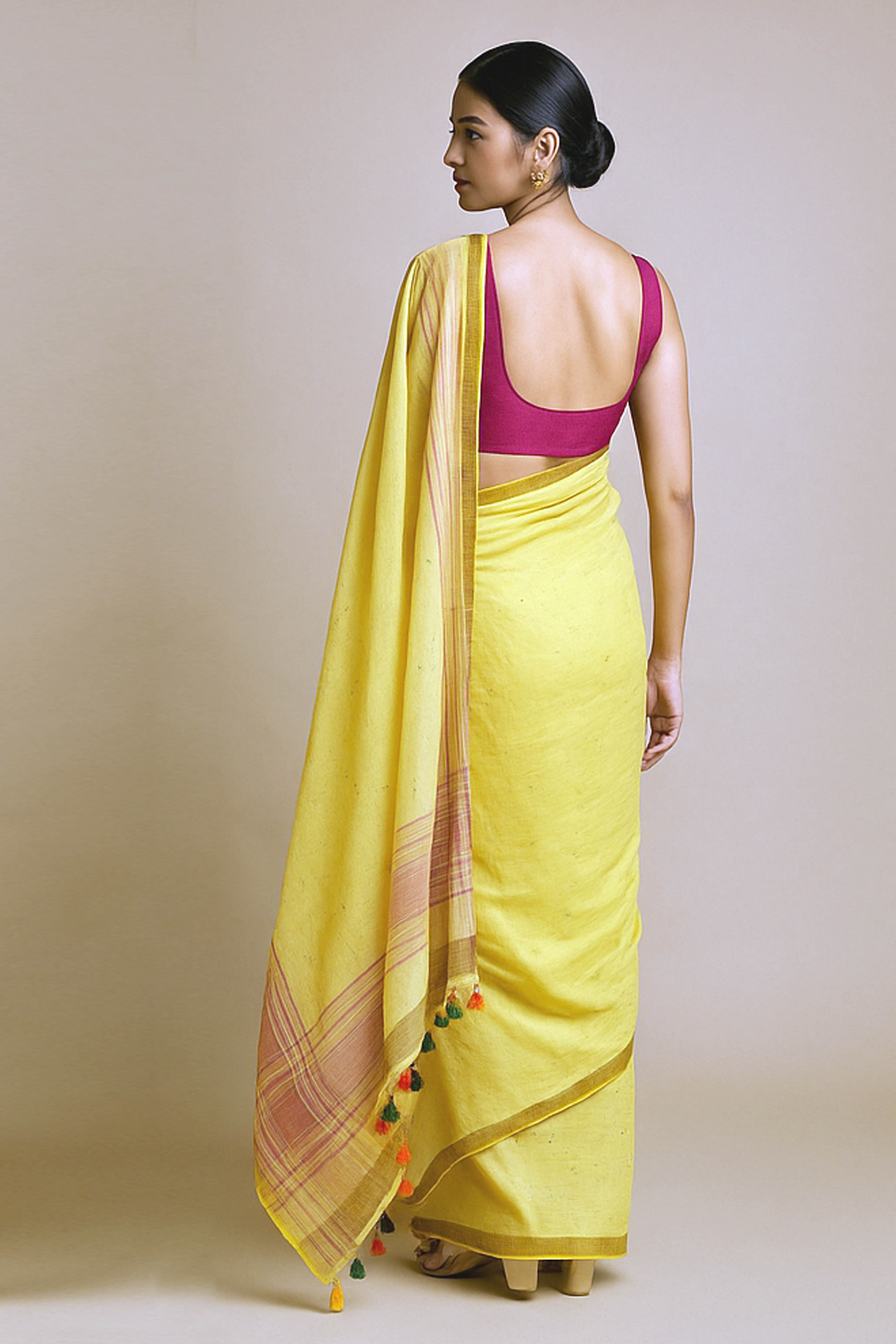 Pure Linen Saree in Lemon Yellow with Sequins - Indian Handloomz