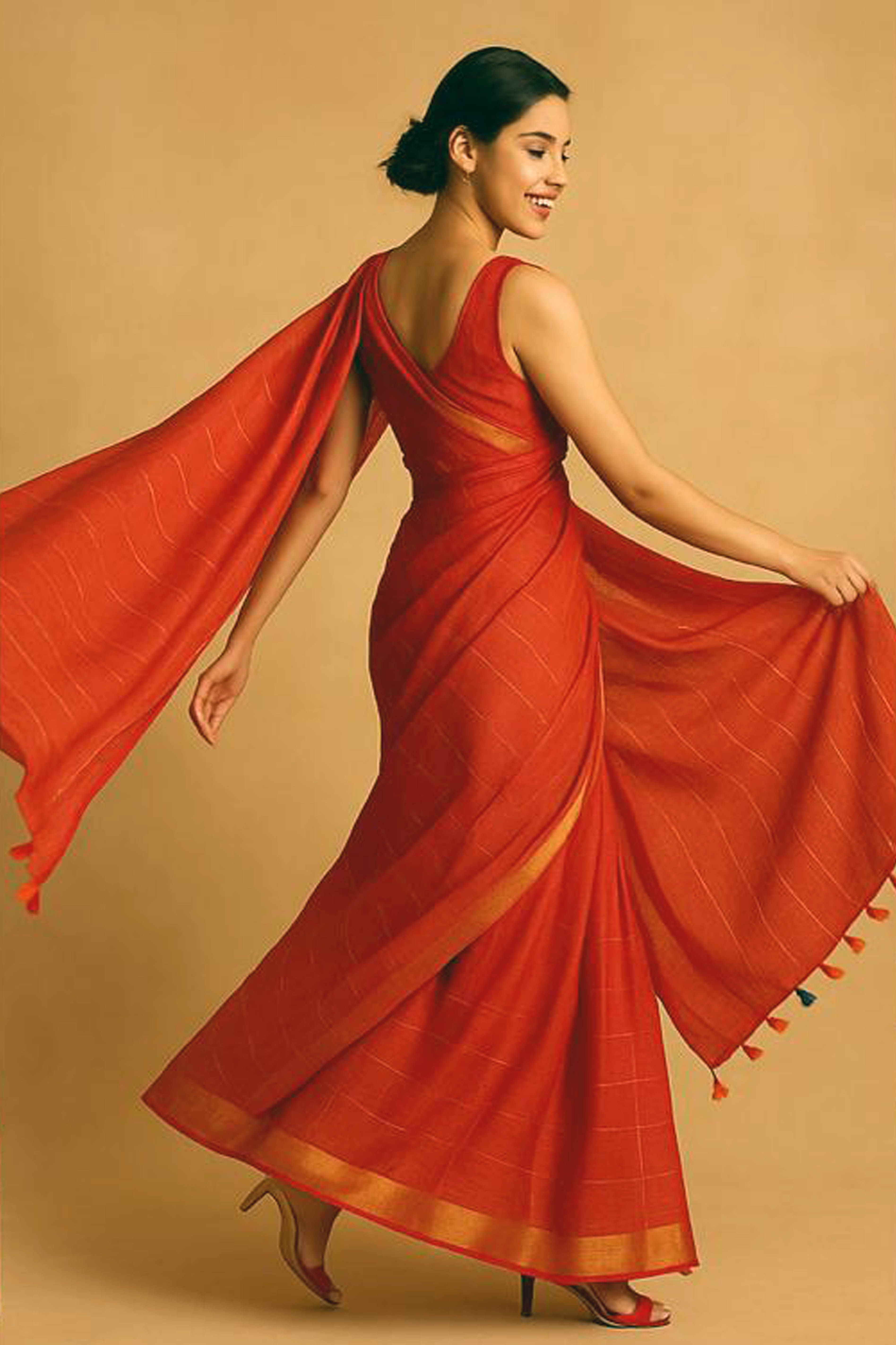 Pure Linen Saree in Orange Colour with Sequins - Indian Handloomz