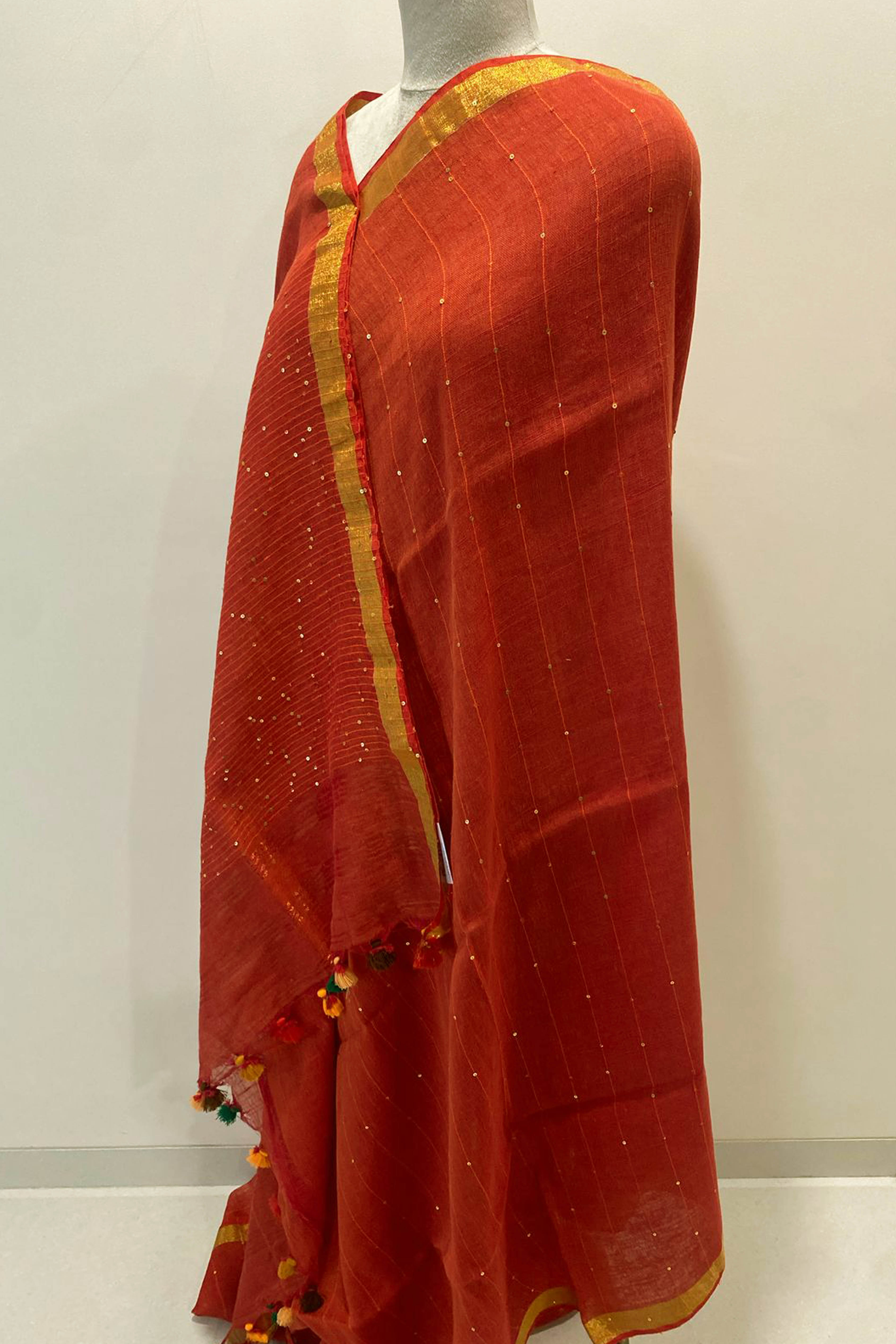 Pure Linen Saree in Orange Colour with Sequins - Indian Handloomz