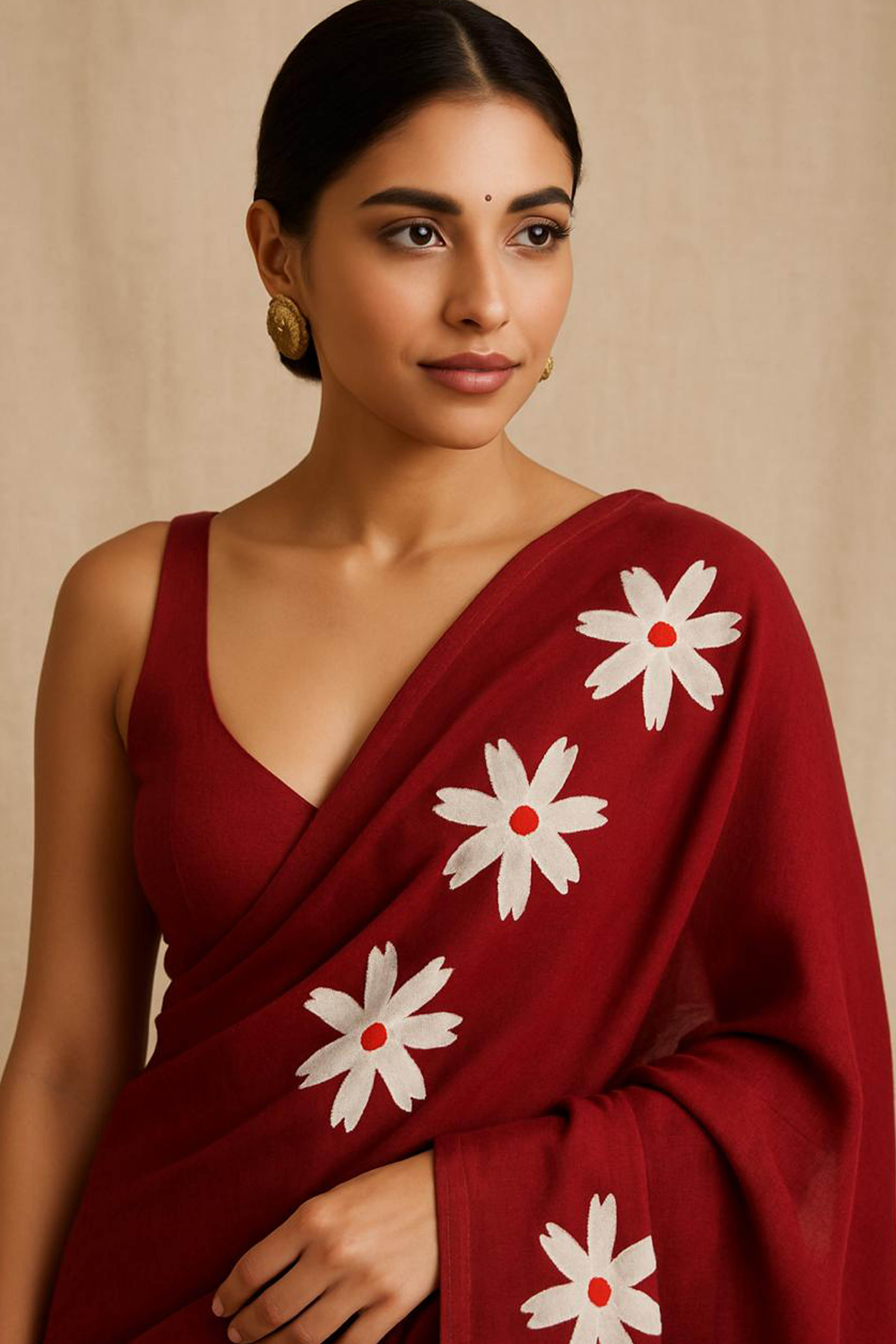 Pure Mul Cotton Maroon Hand Painted Saree - Indian Handloomz