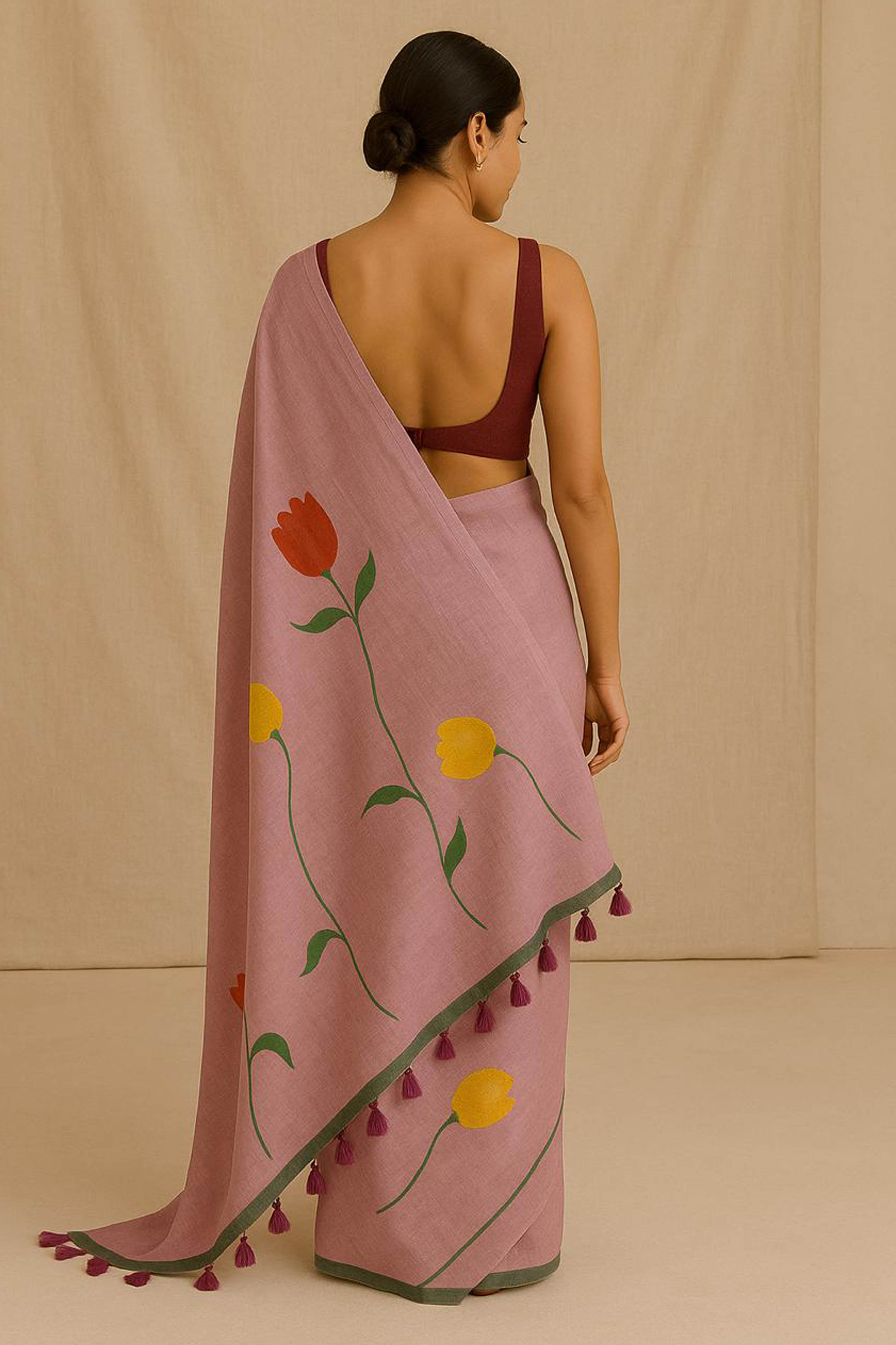 Pure Mul Cotton Pink Hand Painted Saree - Indian Handloomz