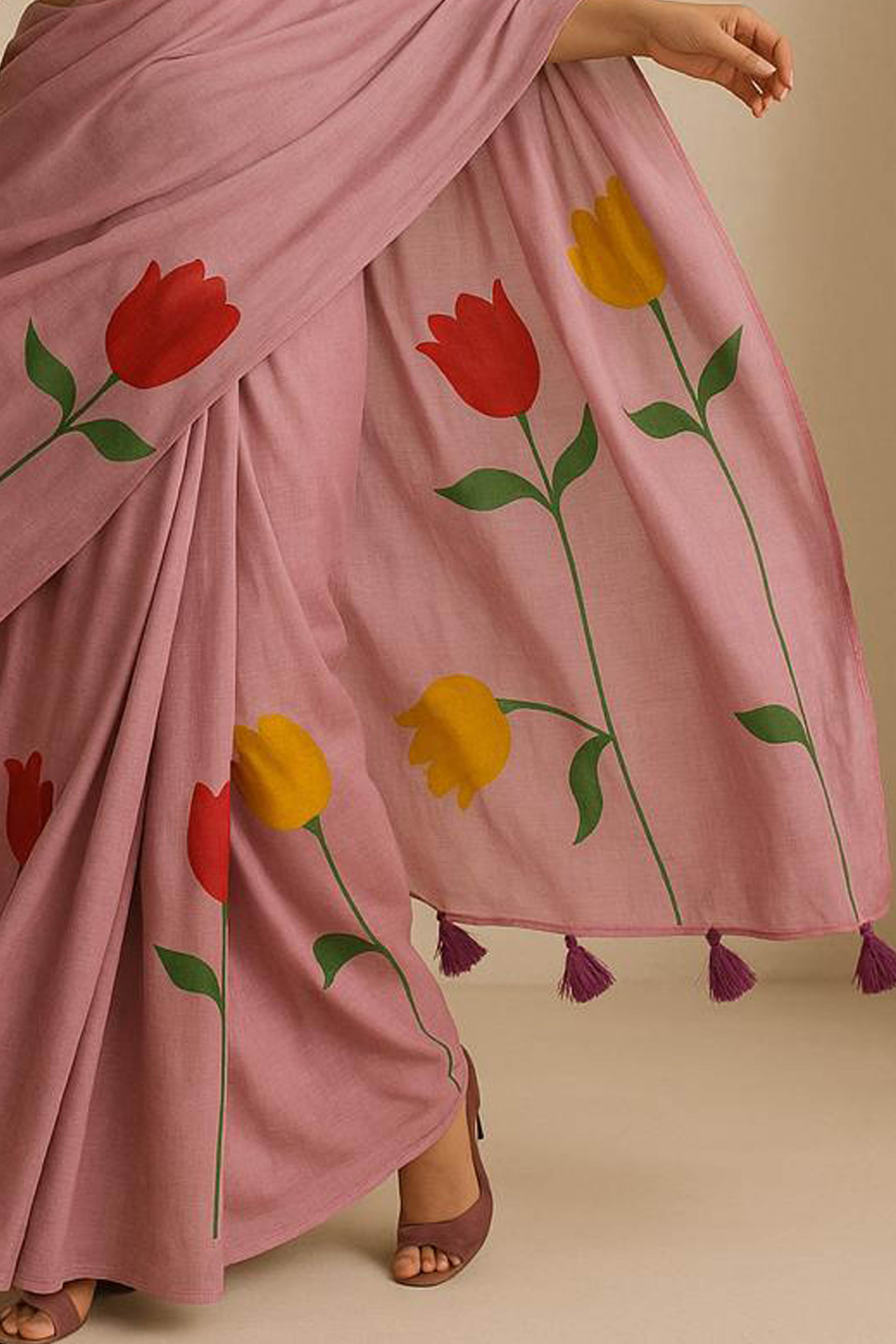 Pure Mul Cotton Pink Hand Painted Saree - Indian Handloomz