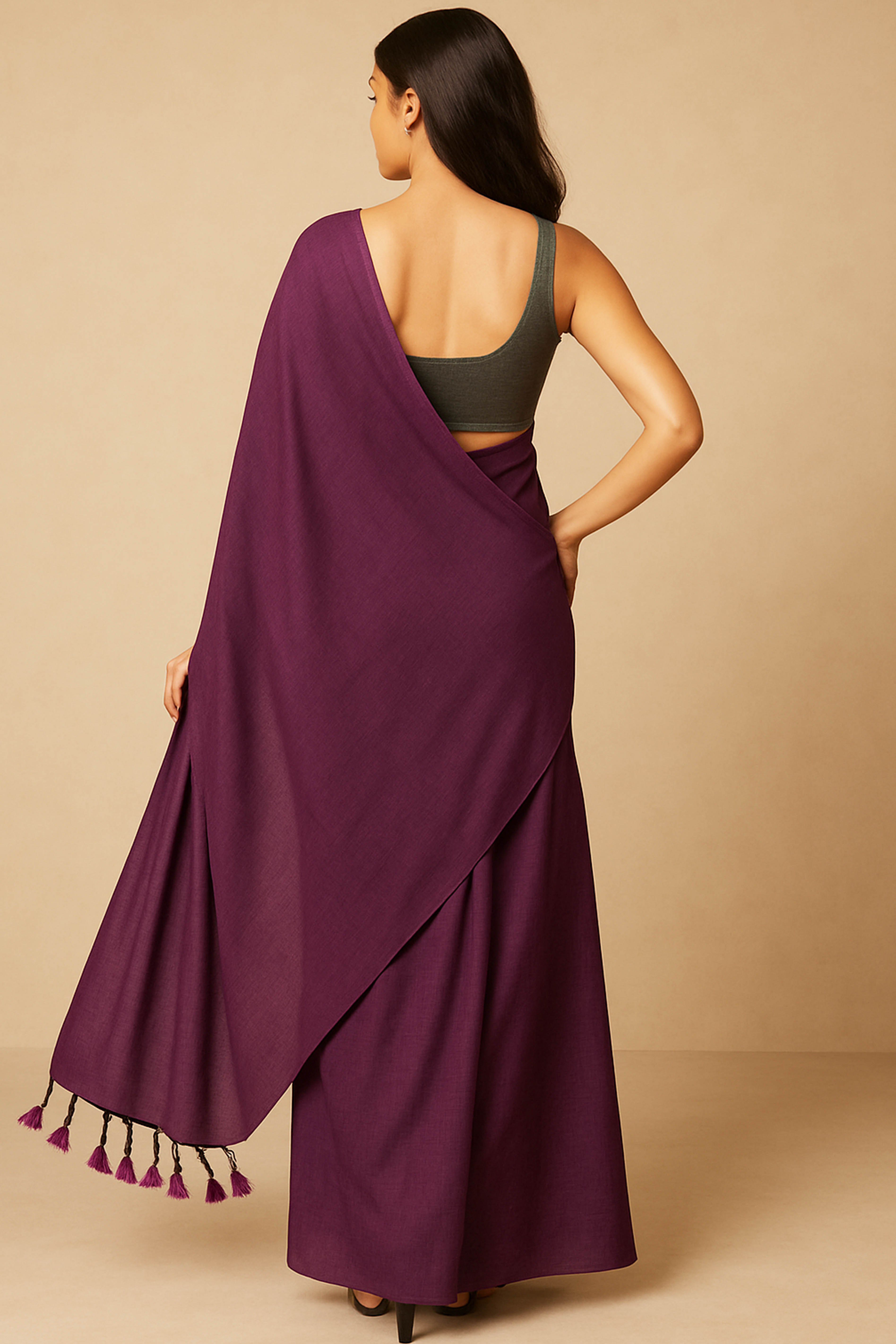 Pure Plain Cotton Saree in Wine Colour - Indian Handloomz