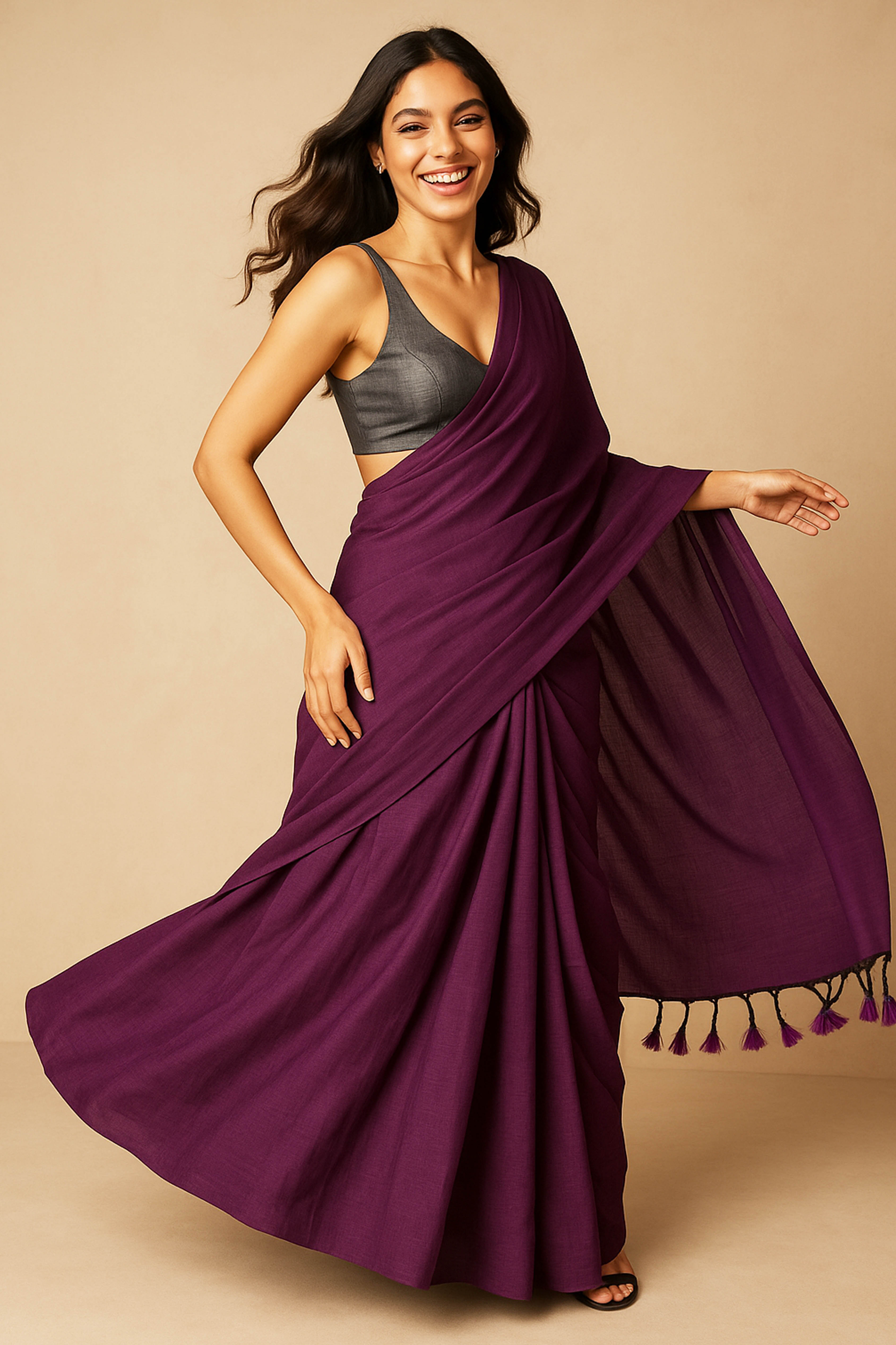 Pure Plain Cotton Saree in Wine Colour - Indian Handloomz