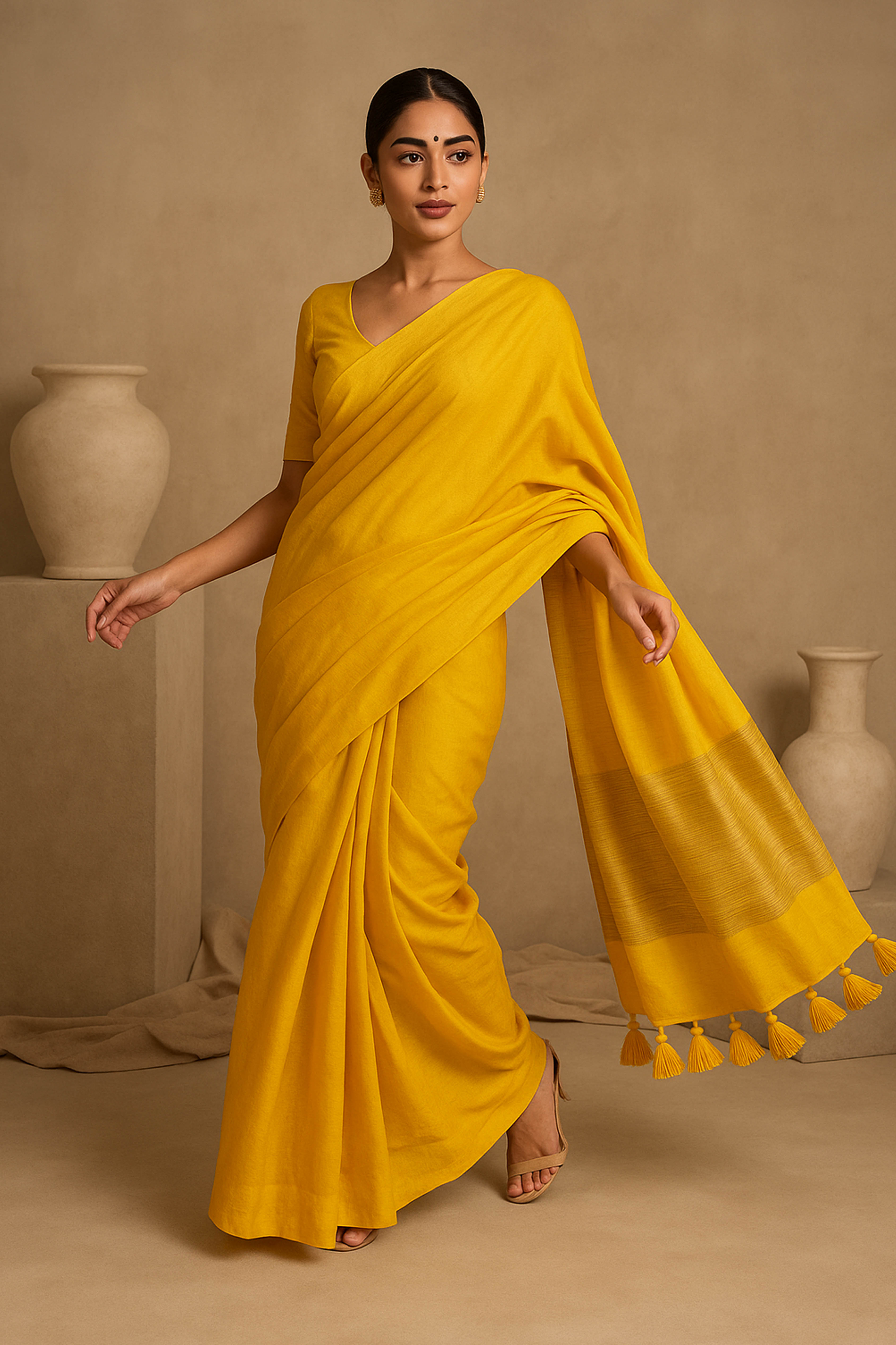 Pure Slub Cotton Yellow Saree with Tassels & Blouse Piece - Indian Handloomz