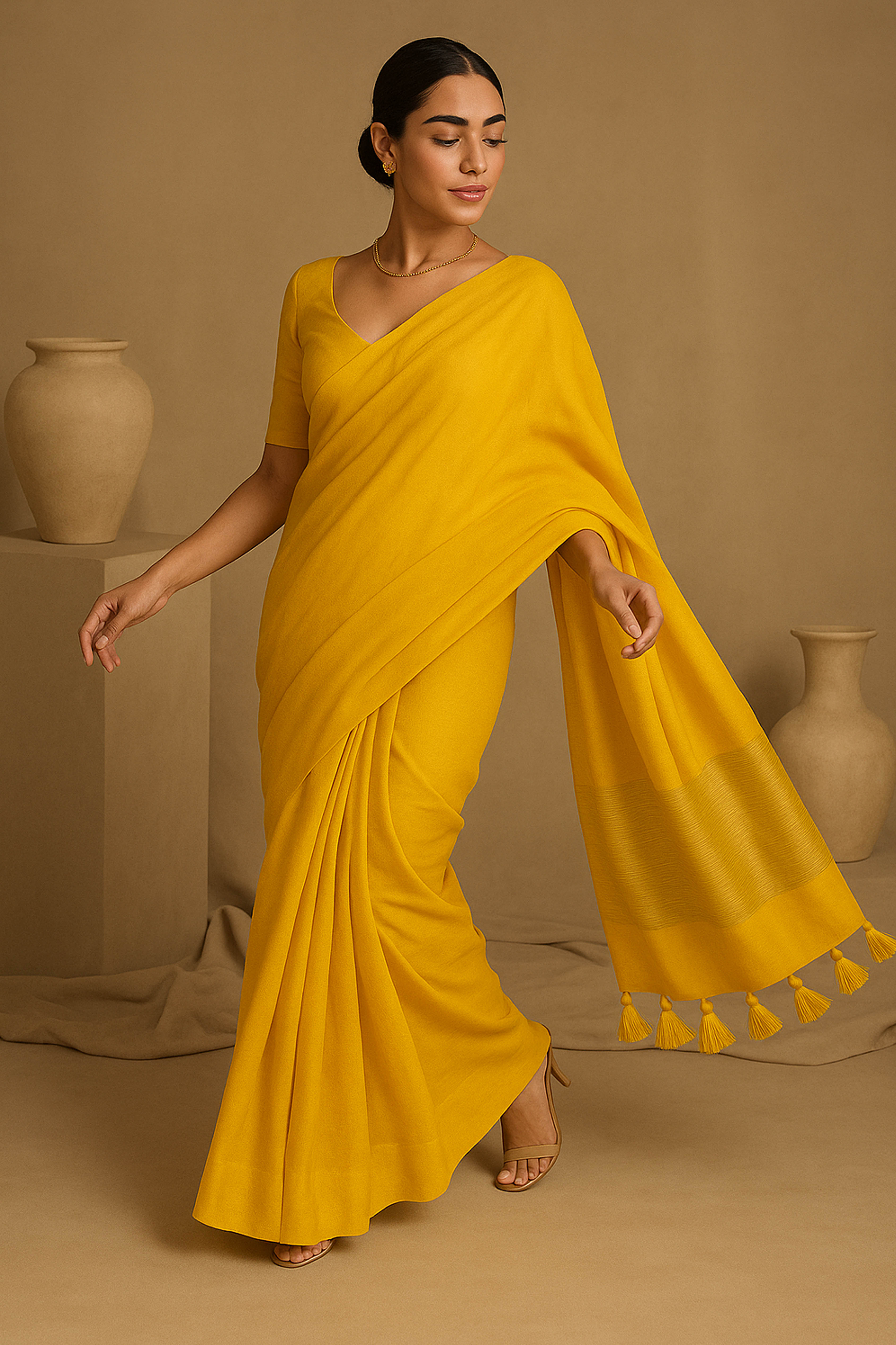 Pure Slub Cotton Yellow Saree with Tassels & Blouse Piece - Indian Handloomz