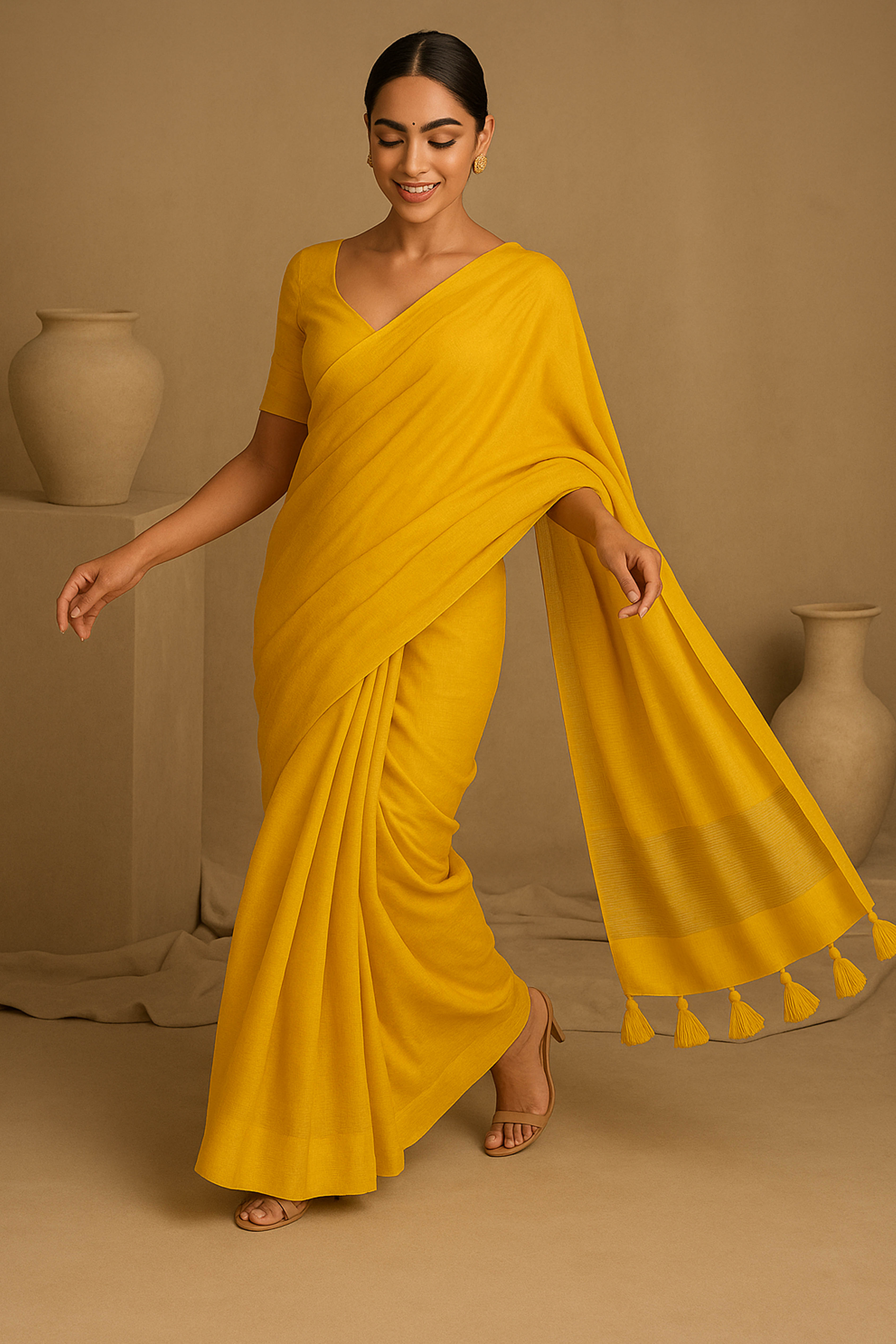 Pure Slub Cotton Yellow Saree with Tassels & Blouse Piece - Indian Handloomz