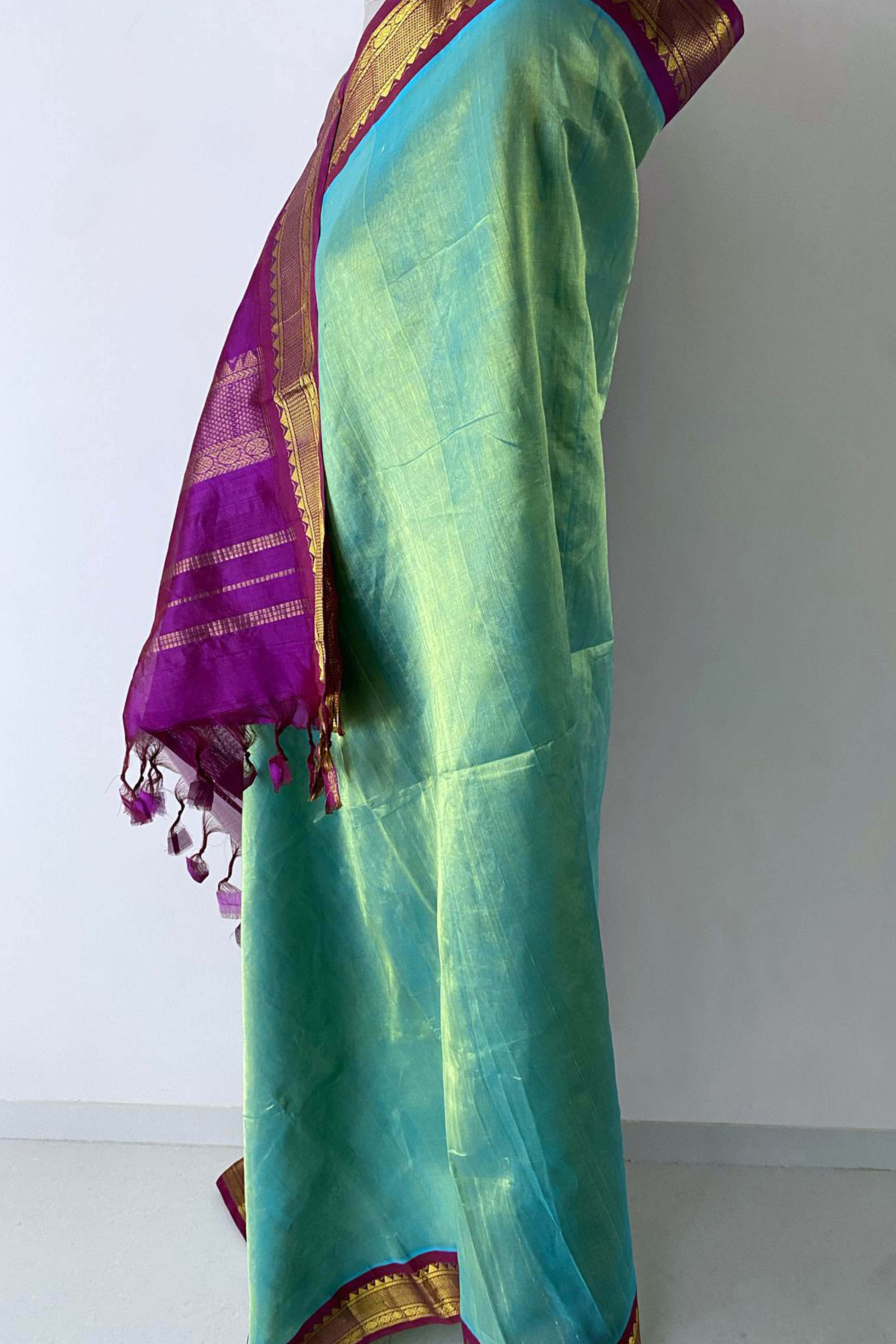 Pure Tissue linen Saree in Aqua Colour - Indian Handloomz