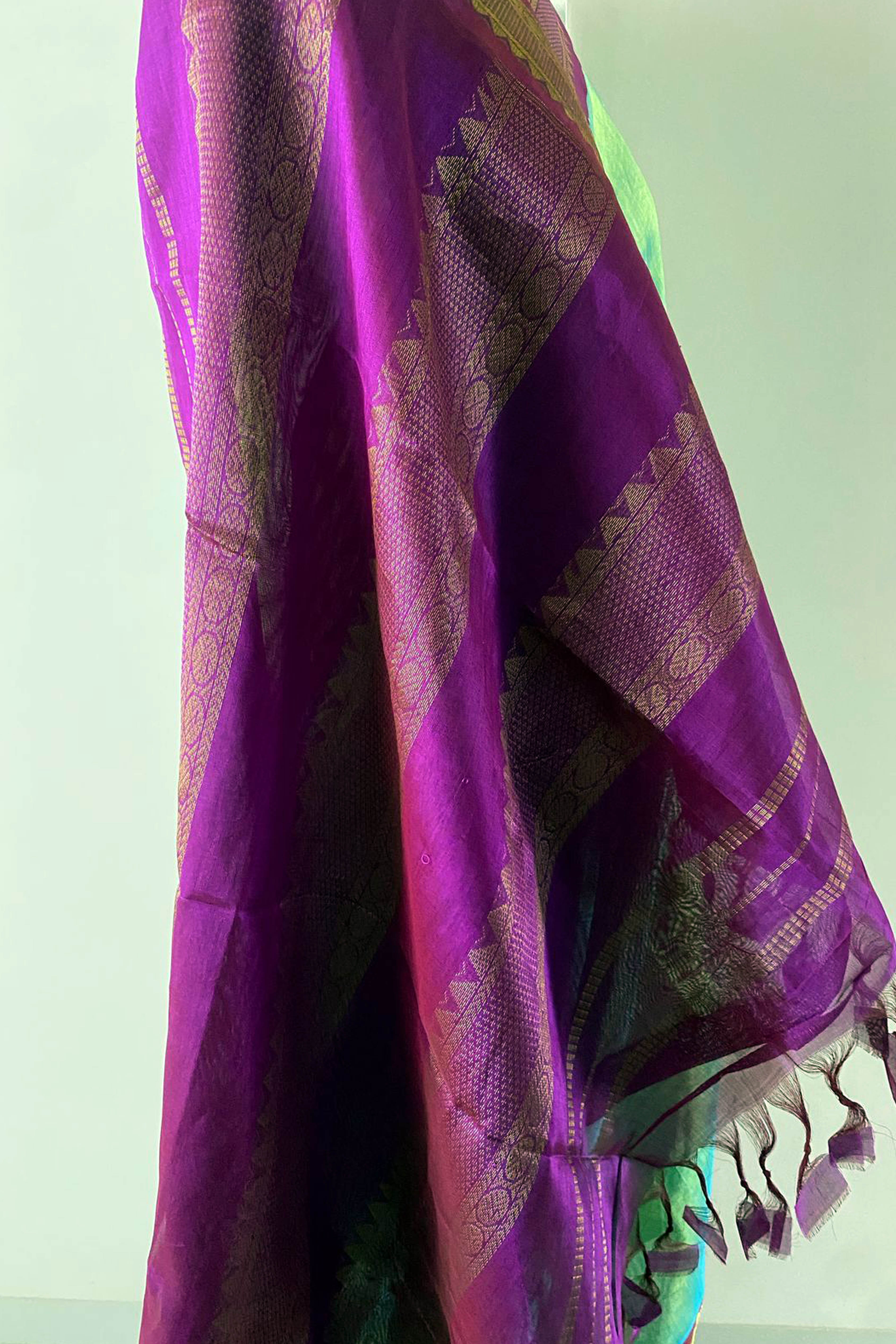 Pure Tissue linen Saree in Aqua Colour - Indian Handloomz