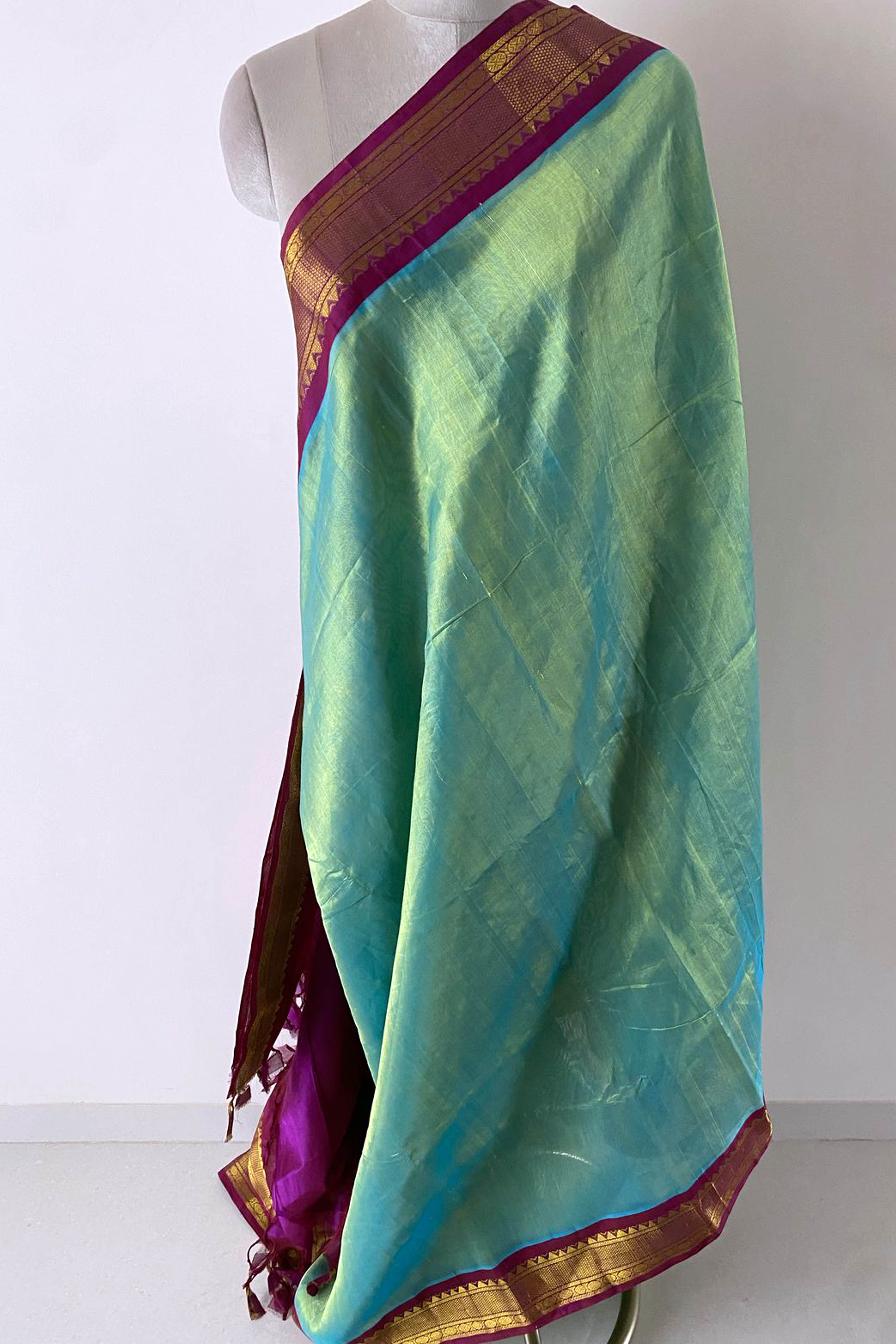 Pure Tissue linen Saree in Aqua Colour - Indian Handloomz